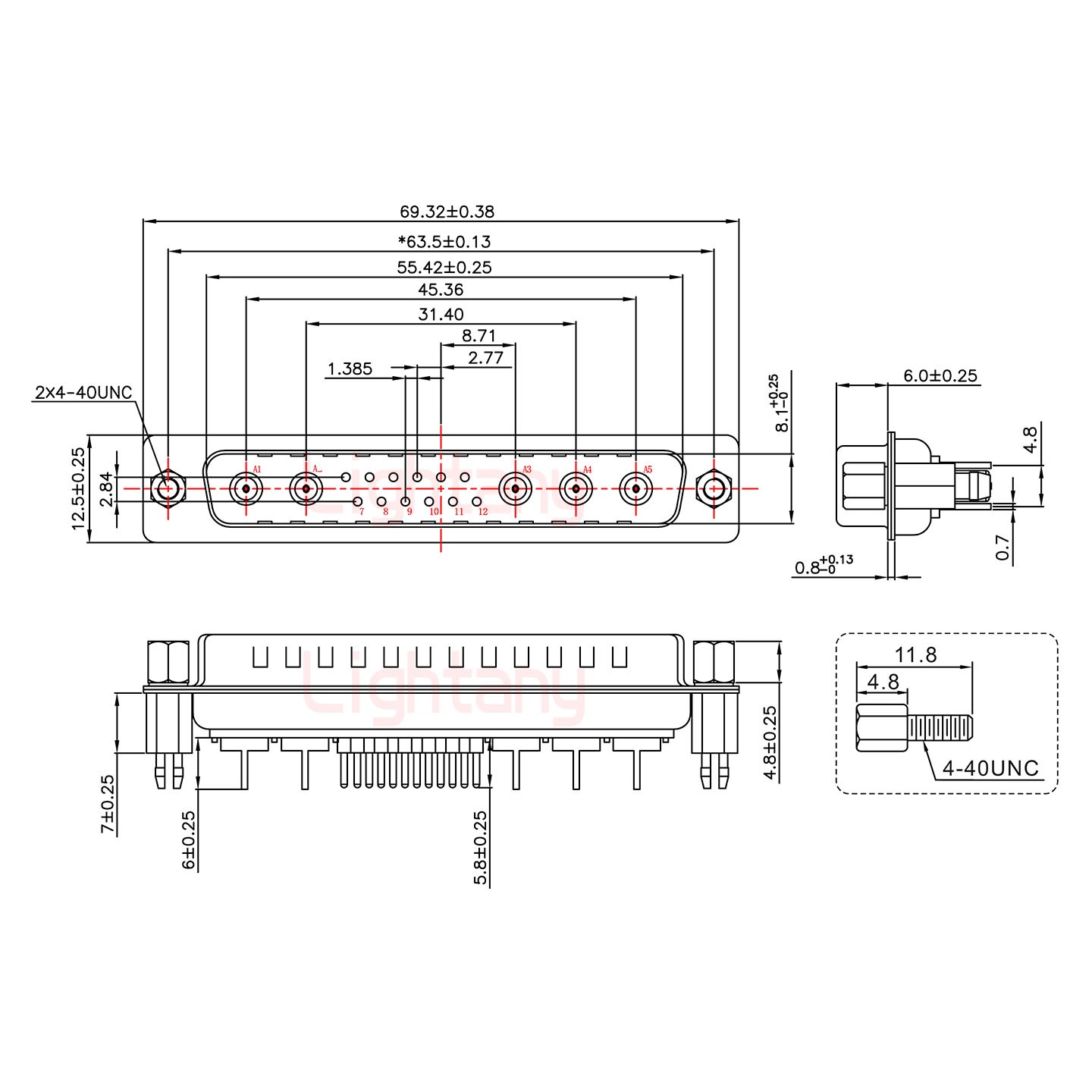 17W5公PCB直插板/铆鱼叉7.0/射频同轴75欧姆