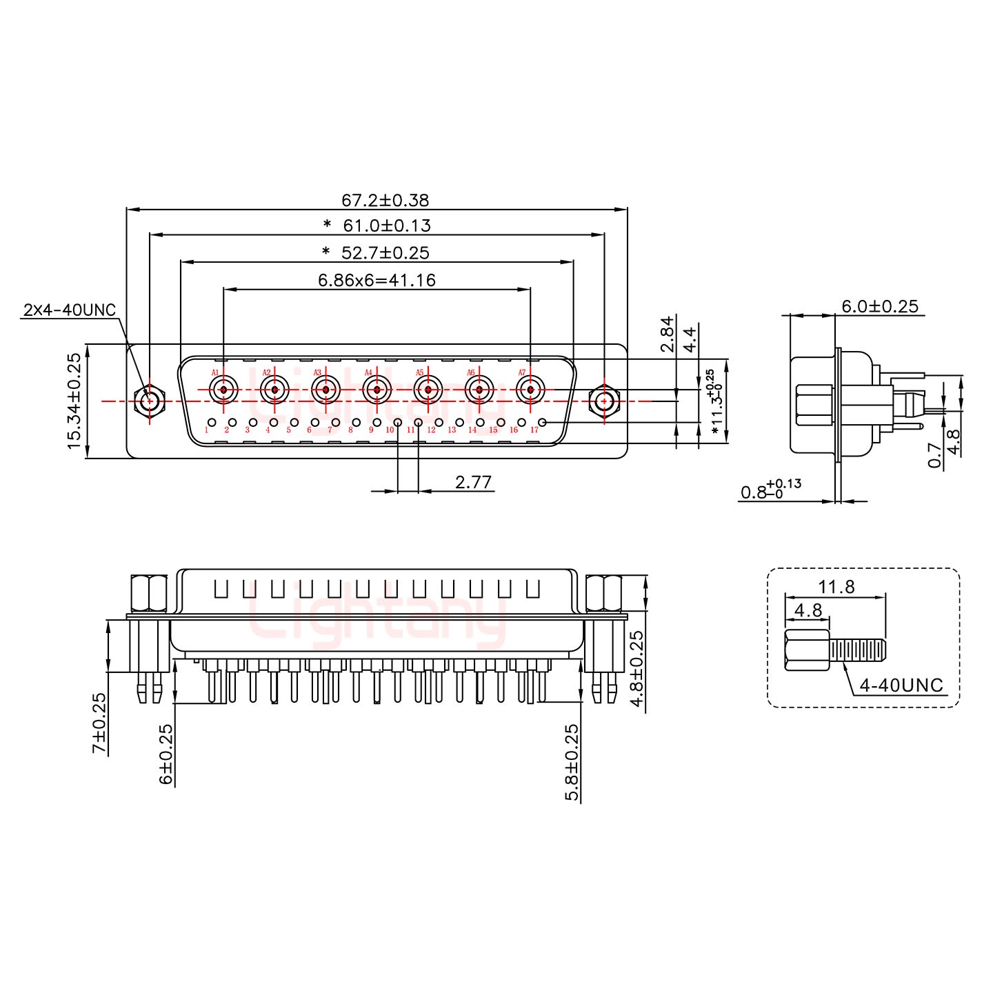 24W7公PCB直插板/铆鱼叉7.0/射频同轴50欧姆