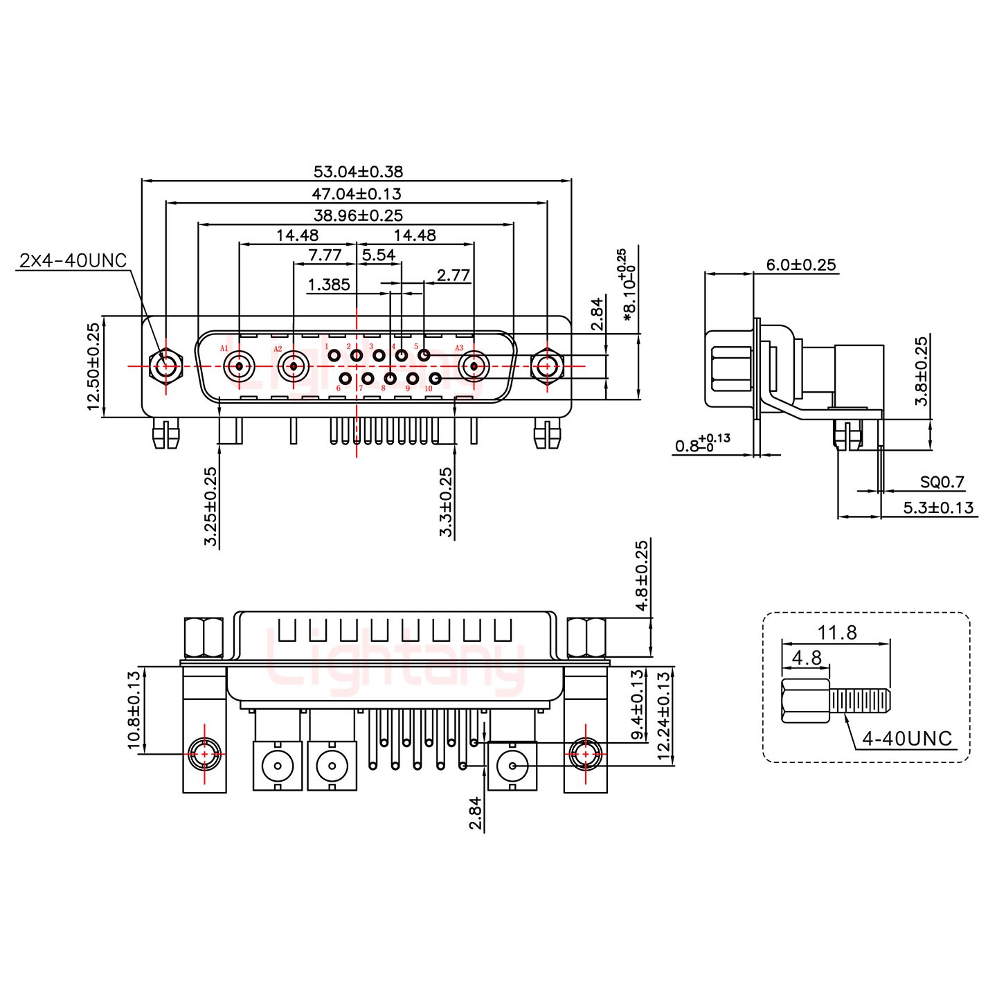 13W3公PCB弯插板/铆支架10.8/射频同轴75欧姆