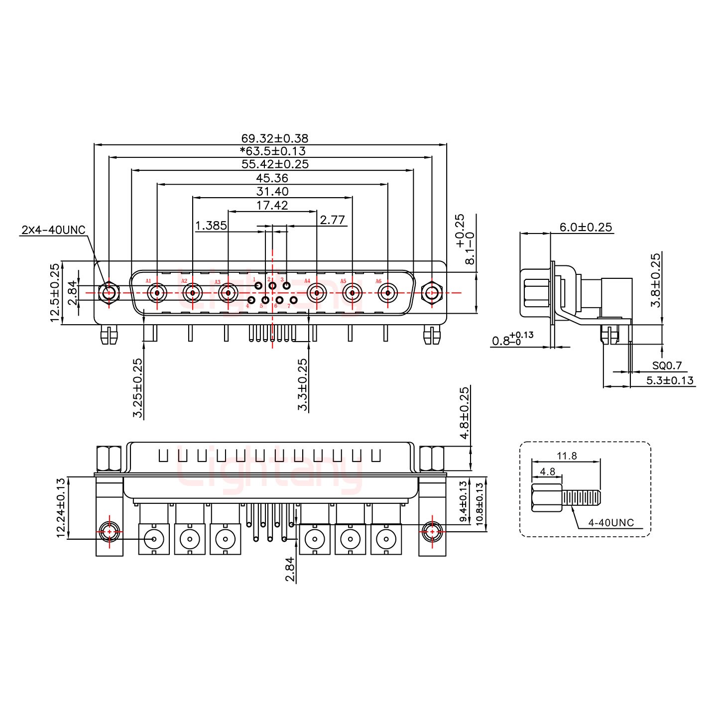 13W6A公PCB弯插板/铆支架10.8/射频同轴50欧姆