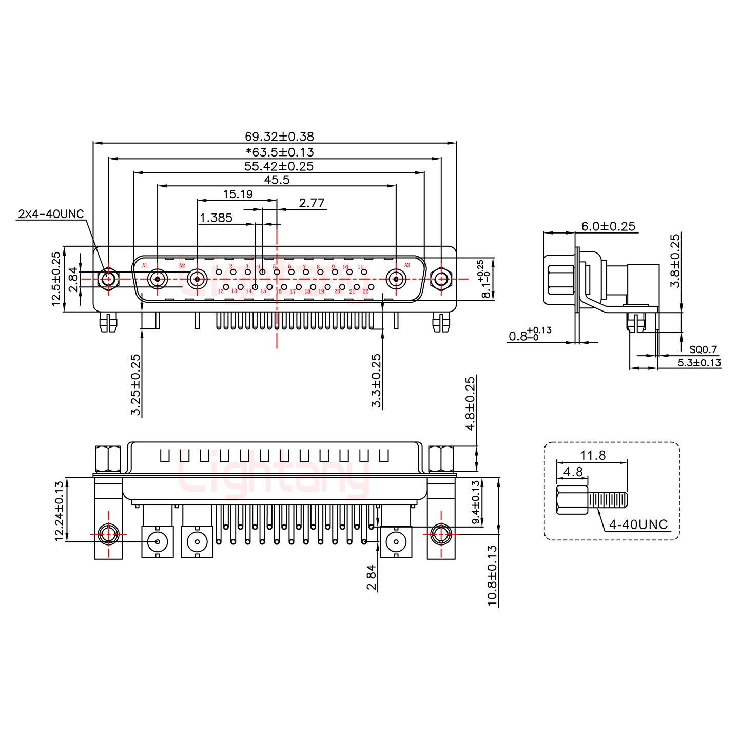 25W3公PCB弯插板/铆支架10.8/射频同轴75欧姆