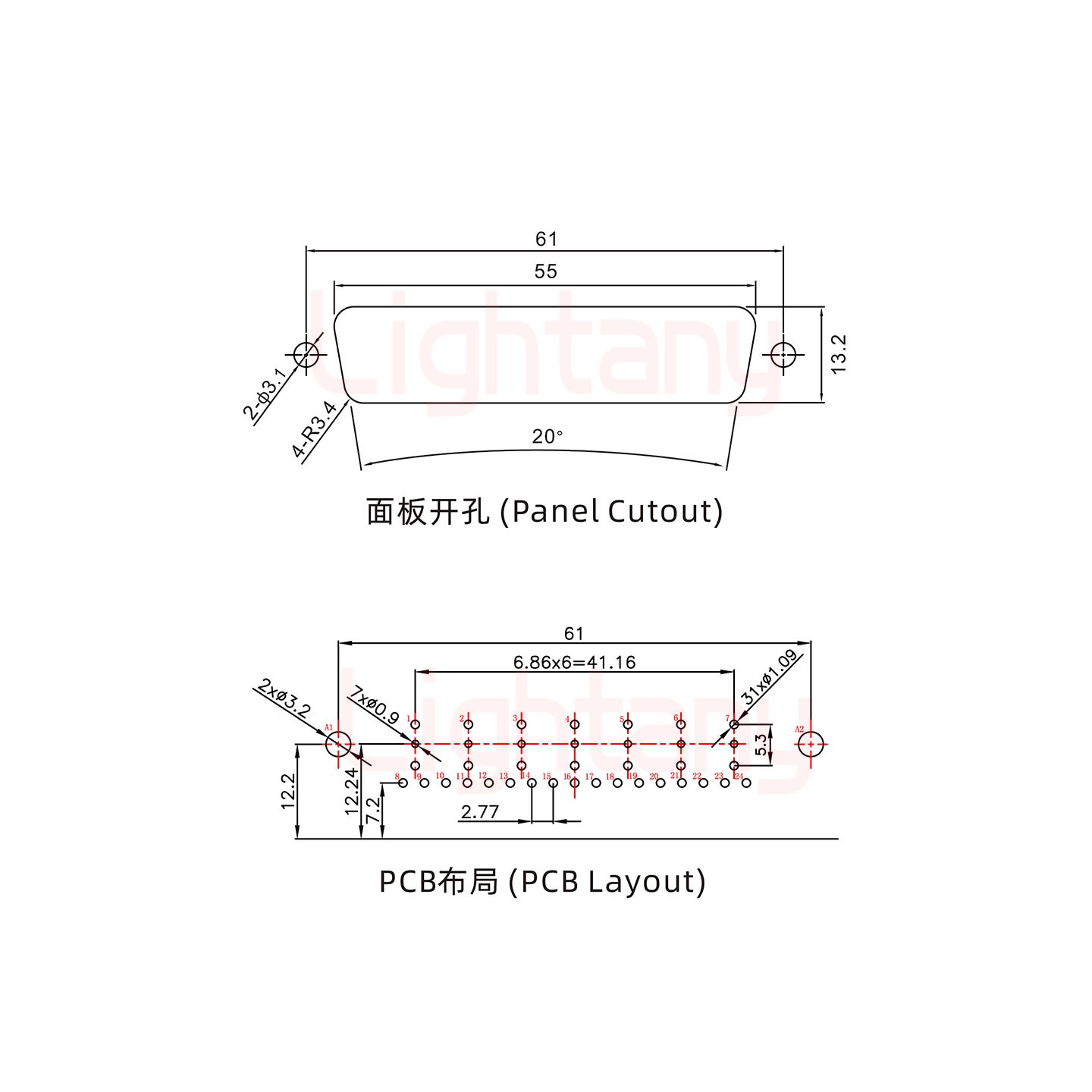 24W7公PCB弯插板/铆支架12.2/射频同轴50欧姆