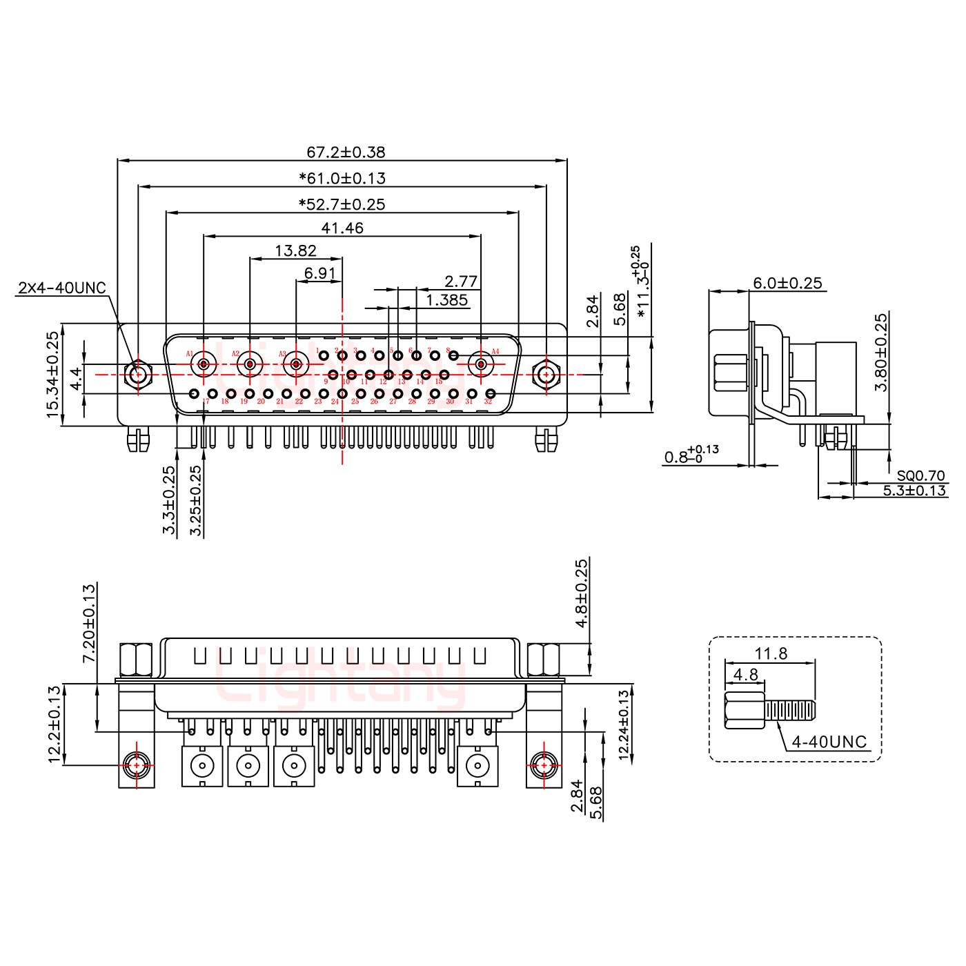 36W4公PCB弯插板/铆支架12.2/射频同轴75欧姆