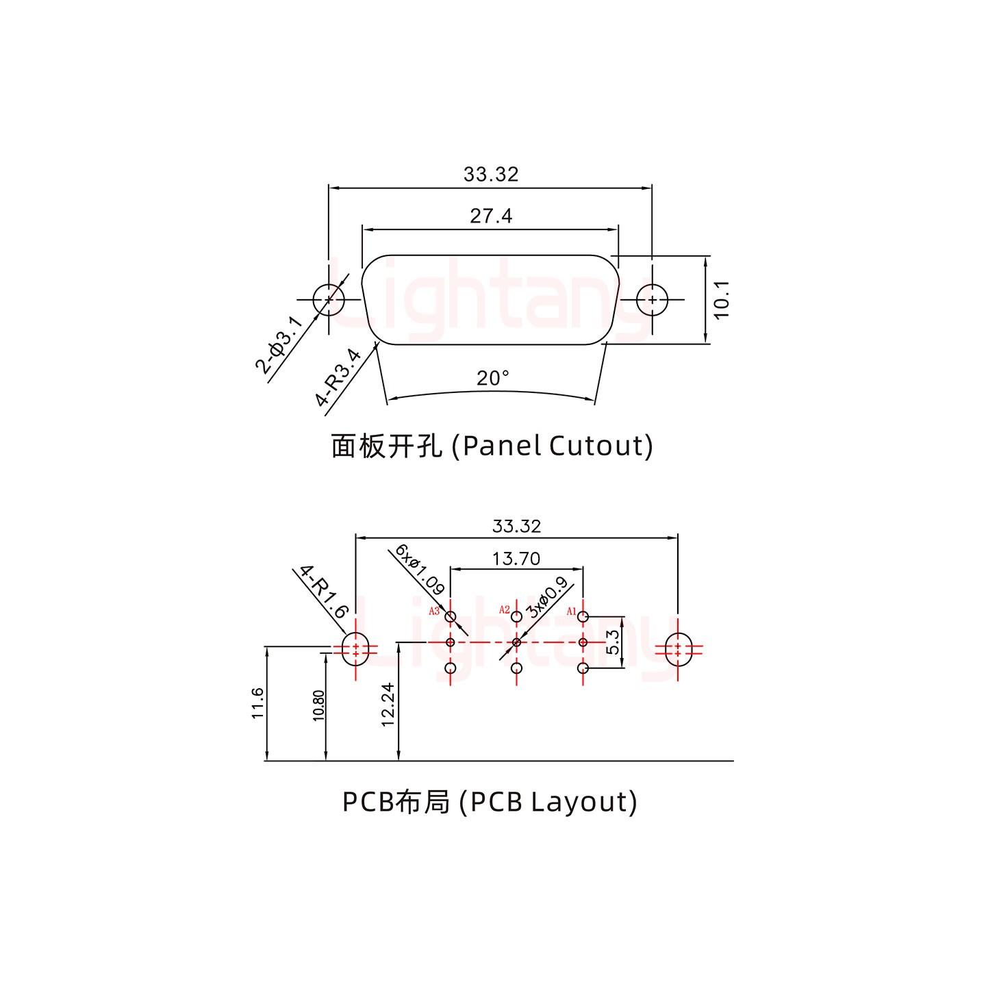 3W3母PCB弯插板/铆支架10.8/射频同轴50欧姆