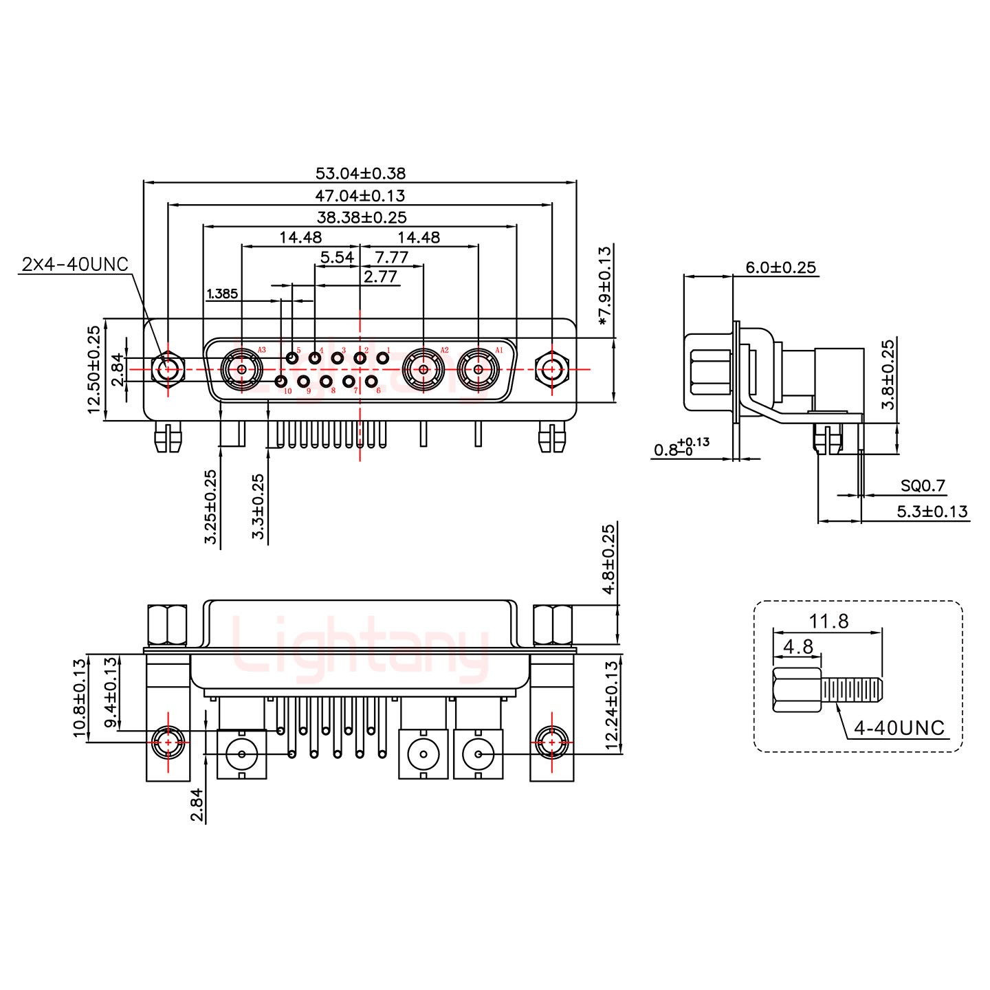 13W3母PCB弯插板/铆支架10.8/射频同轴50欧姆