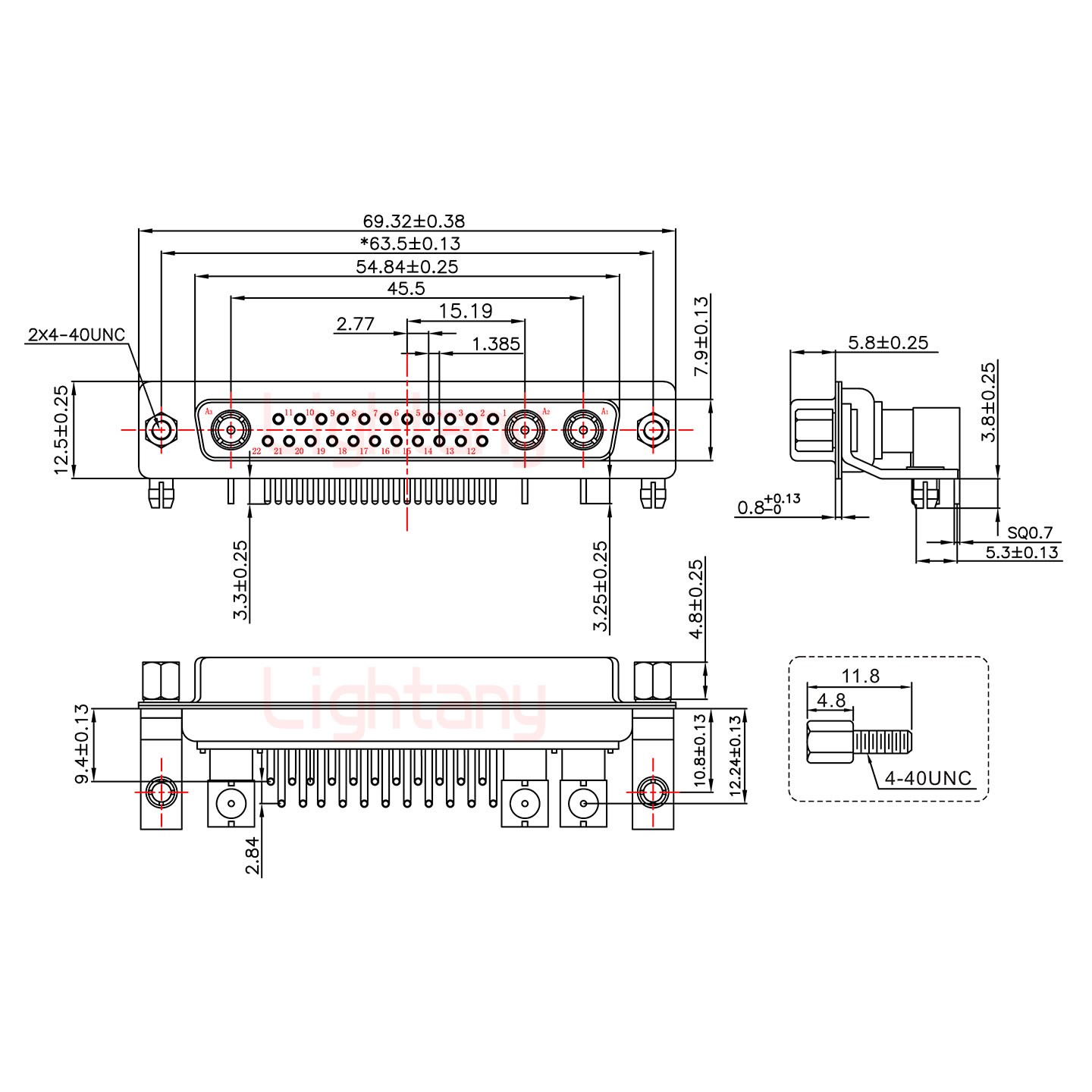 25W3母PCB弯插板/铆支架10.8/射频同轴75欧姆