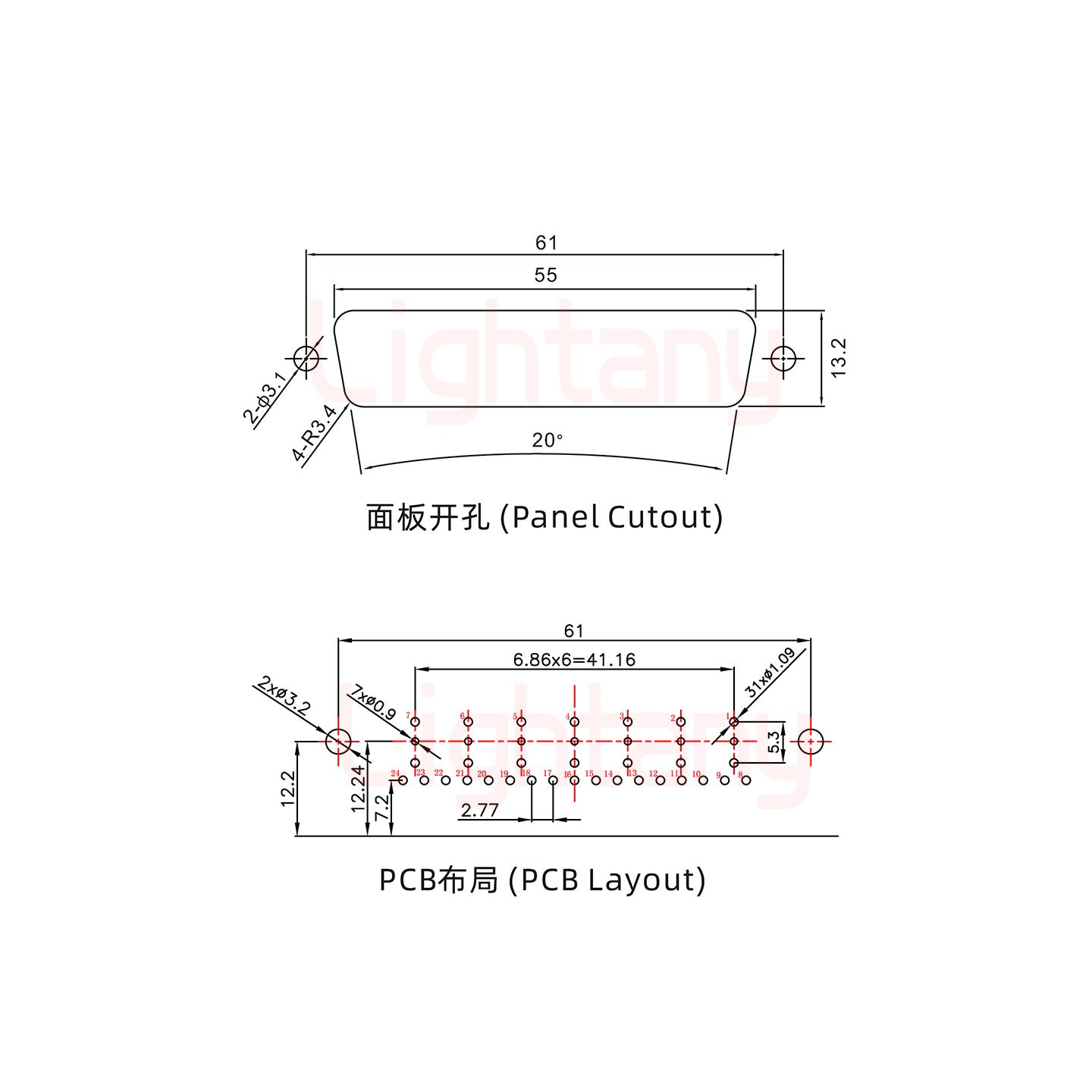 24W7母PCB弯插板/铆支架12.2/射频同轴50欧姆