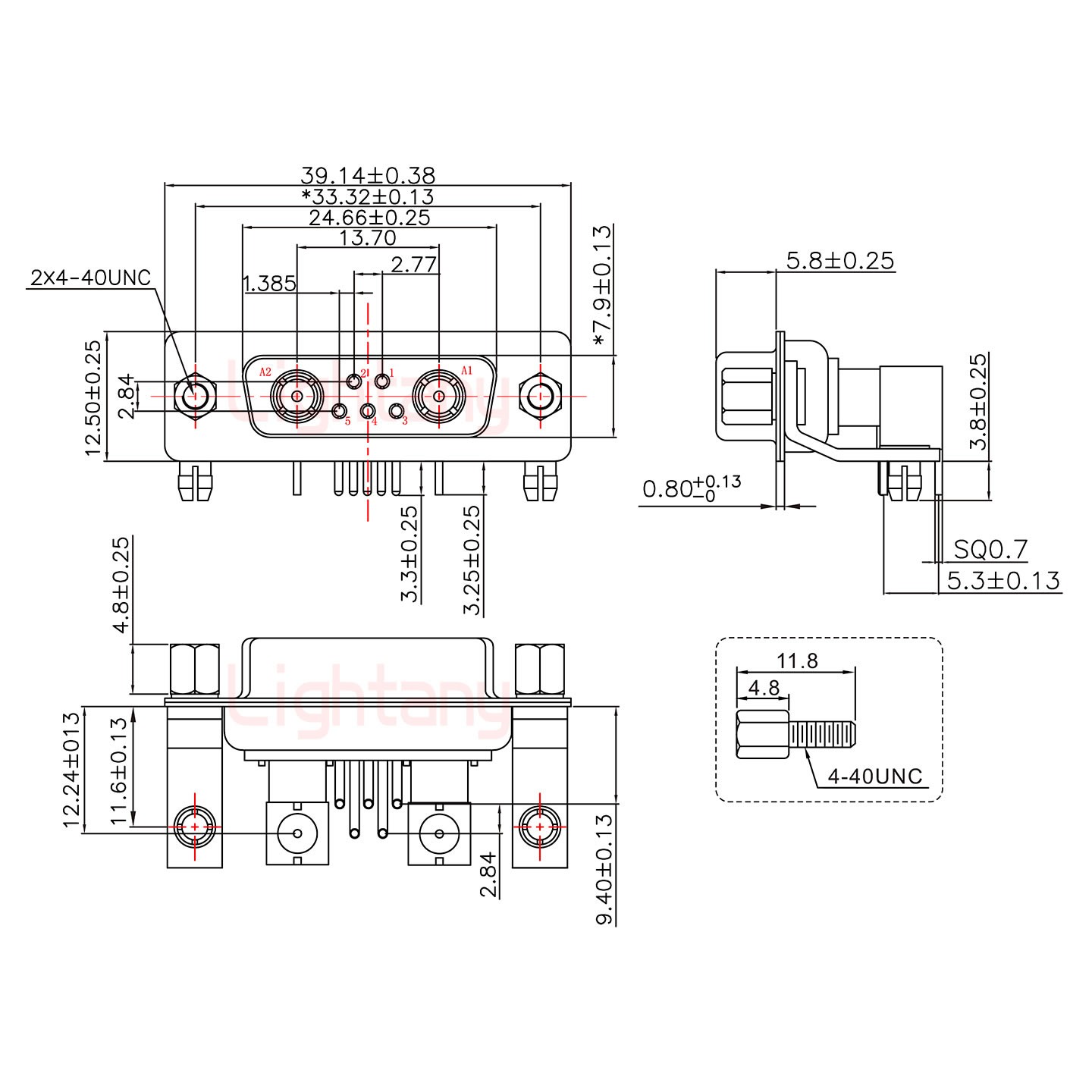 7W2母PCB弯插板/铆支架11.6/射频同轴50欧姆