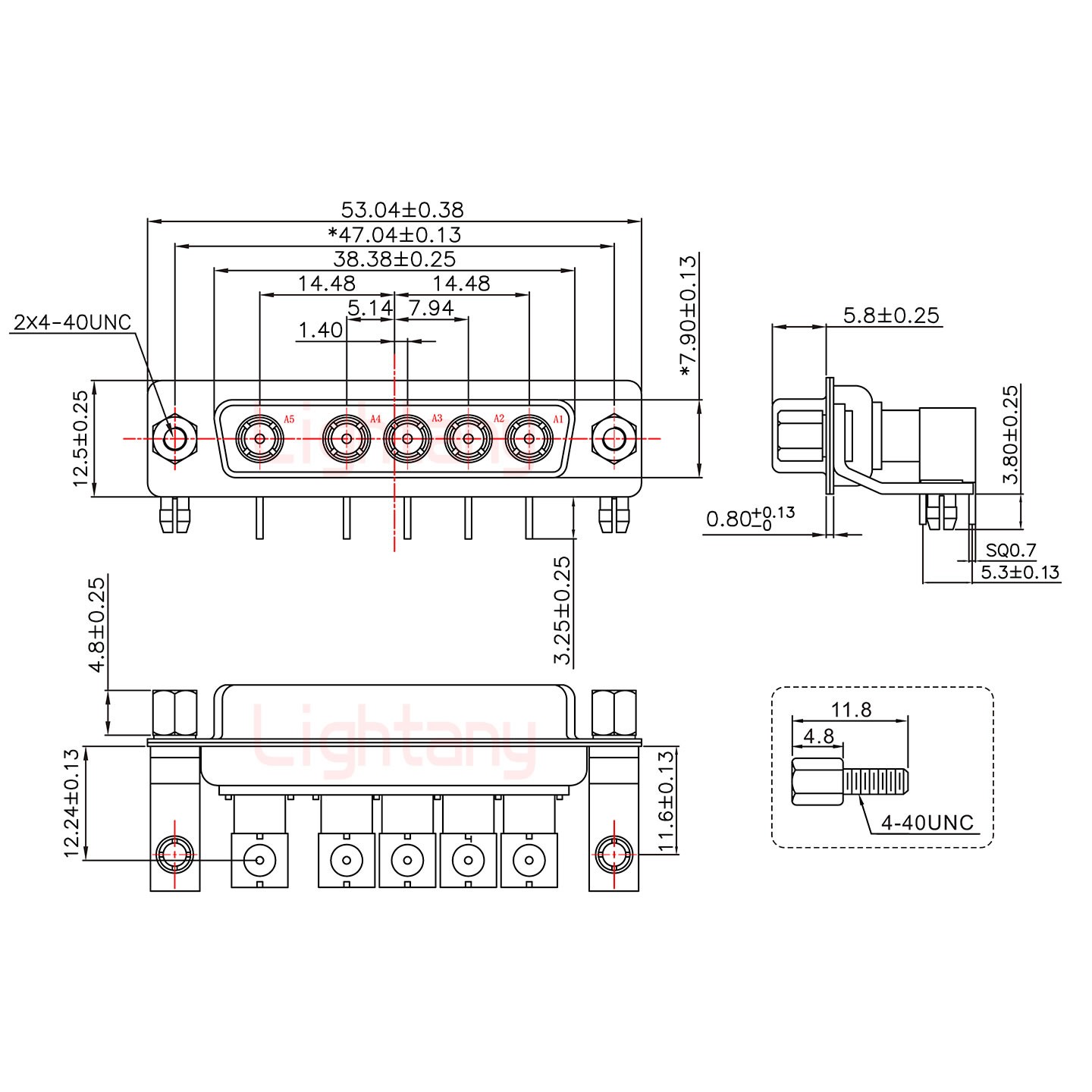 5W5母PCB弯插板/铆支架11.6/射频同轴50欧姆