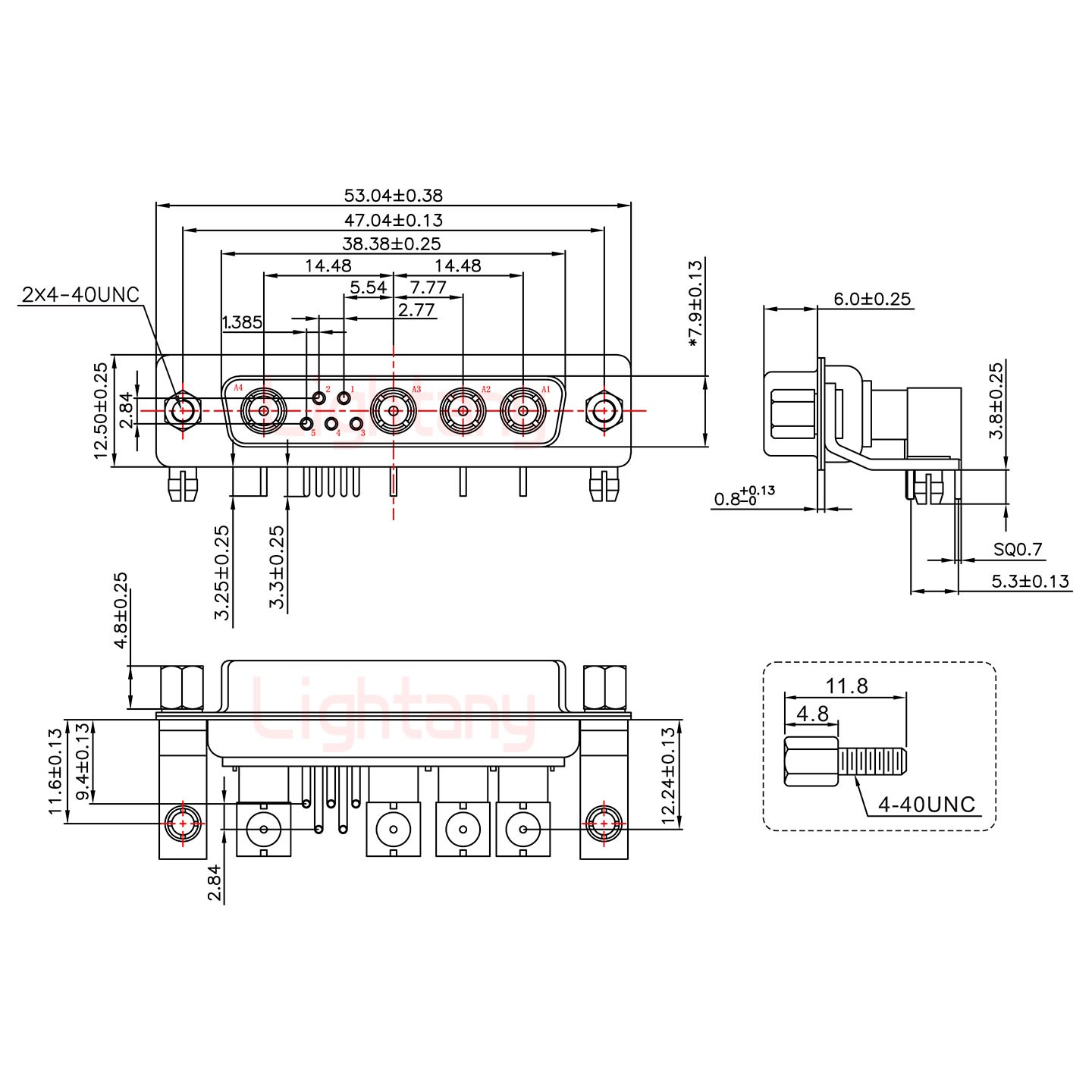 9W4母PCB弯插板/铆支架11.6/射频同轴50欧姆
