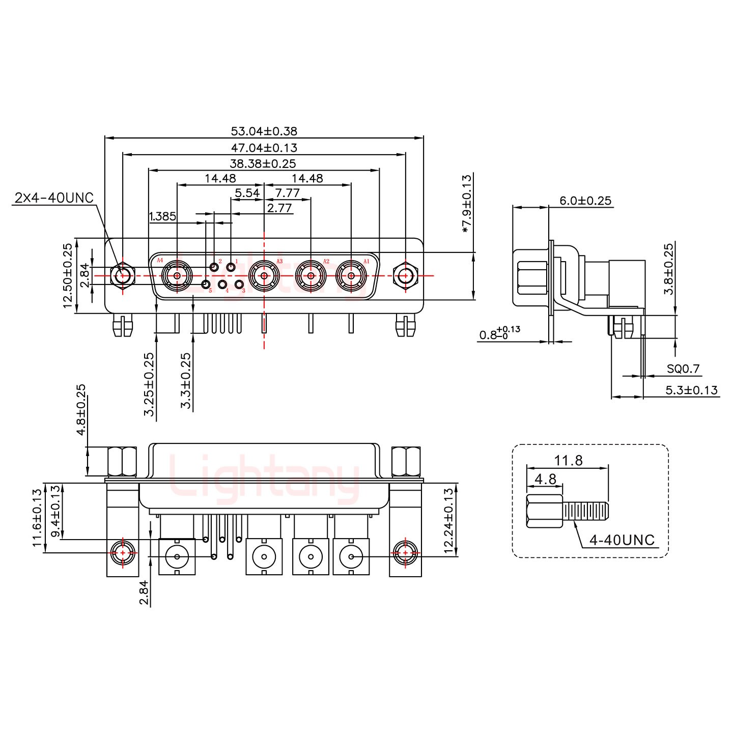 9W4母PCB弯插板/铆支架11.6/射频同轴75欧姆