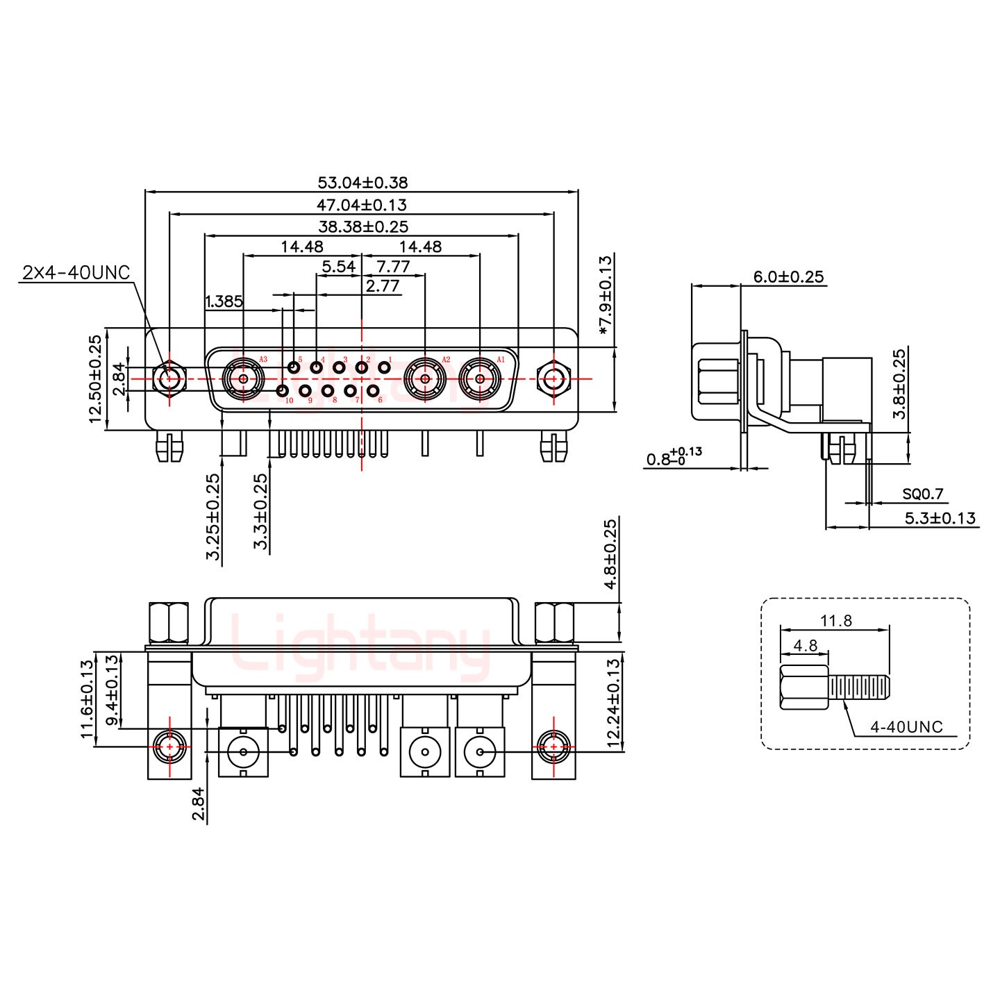 13W3母PCB弯插板/铆支架11.6/射频同轴75欧姆