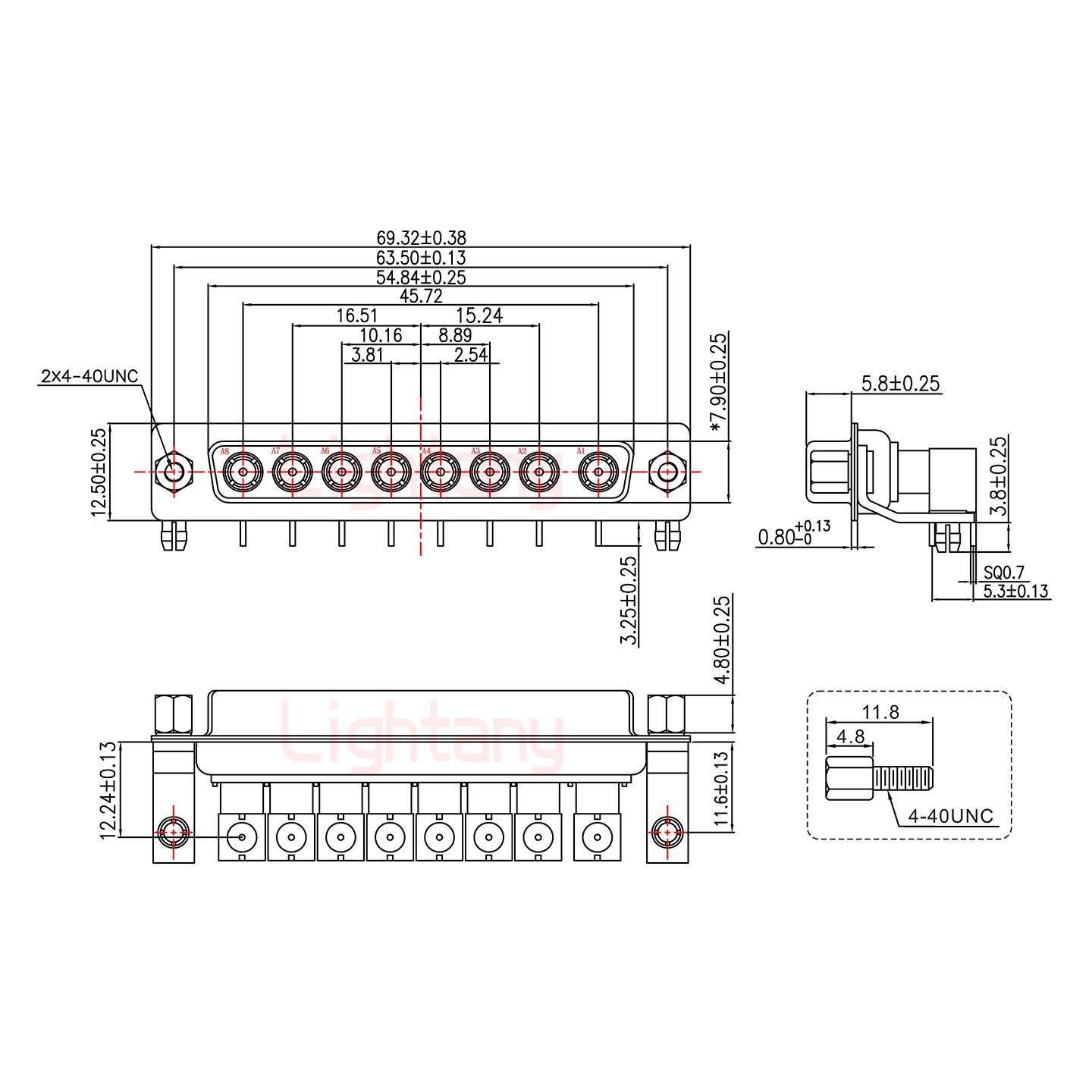 8W8母PCB弯插板/铆支架11.6/射频同轴75欧姆