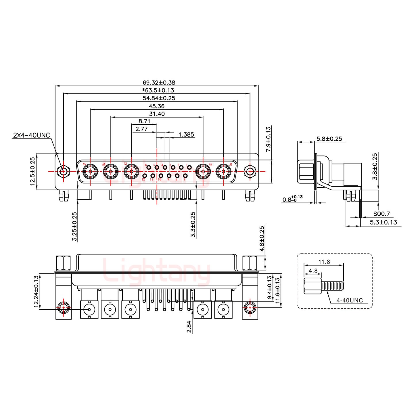 17W5母PCB弯插板/铆支架11.6/射频同轴75欧姆