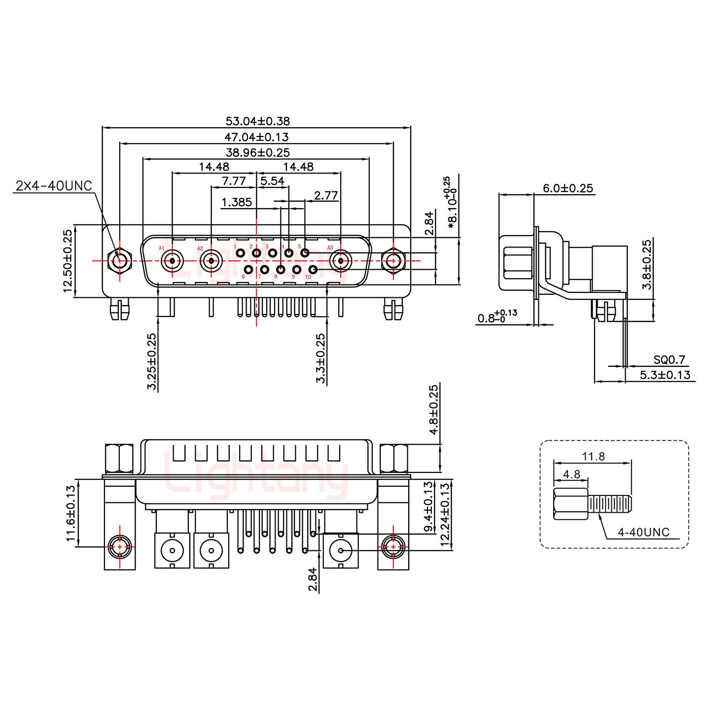 13W3公PCB弯插板/铆支架11.6/射频同轴75欧姆