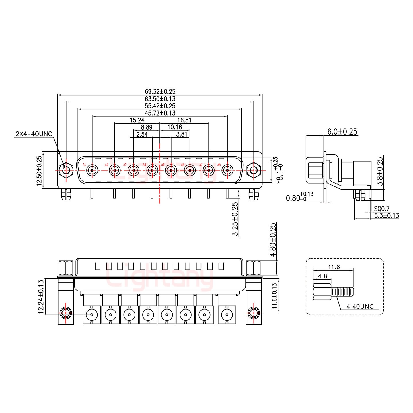 8W8公PCB弯插板/铆支架11.6/射频同轴75欧姆