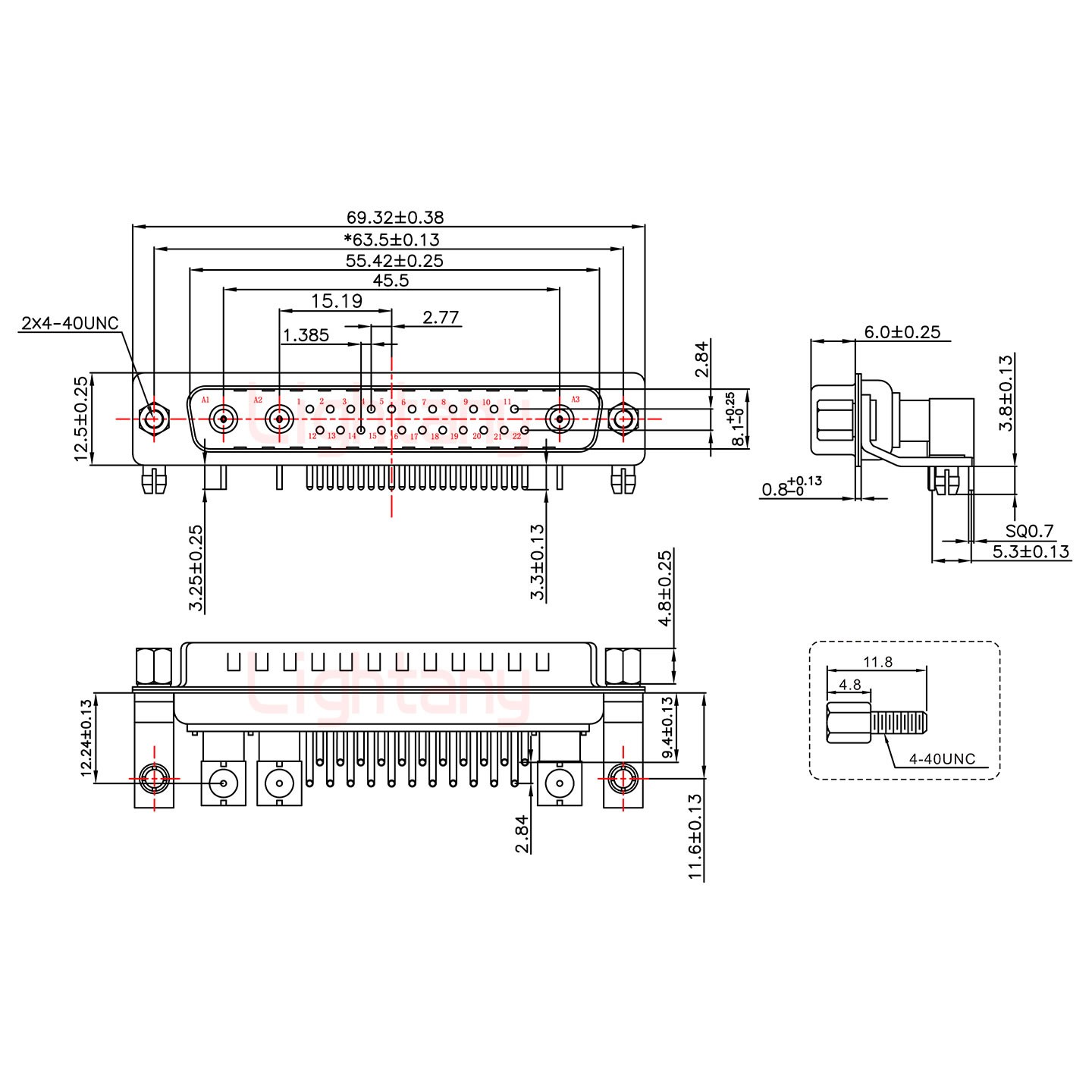 25W3公PCB弯插板/铆支架11.6/射频同轴50欧姆