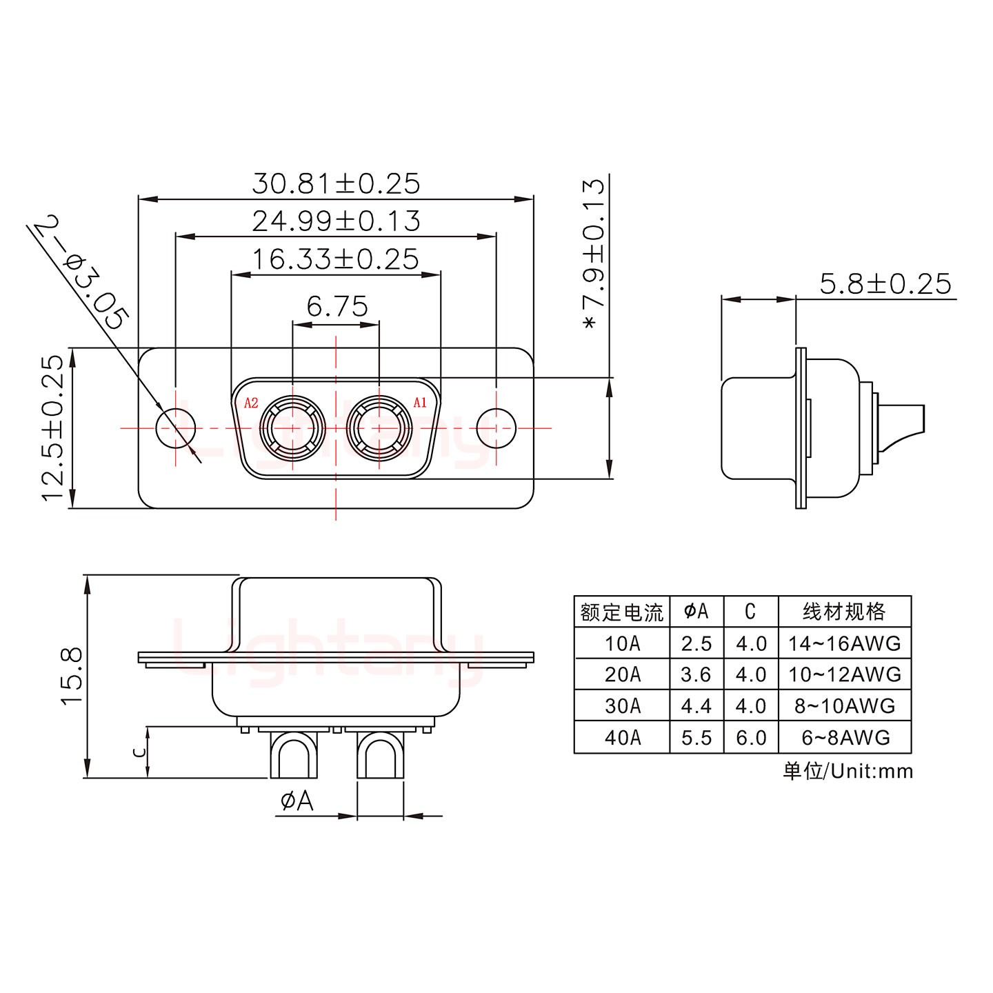 2W2母短体焊线40A+9P金属外壳1707直出线4~12mm