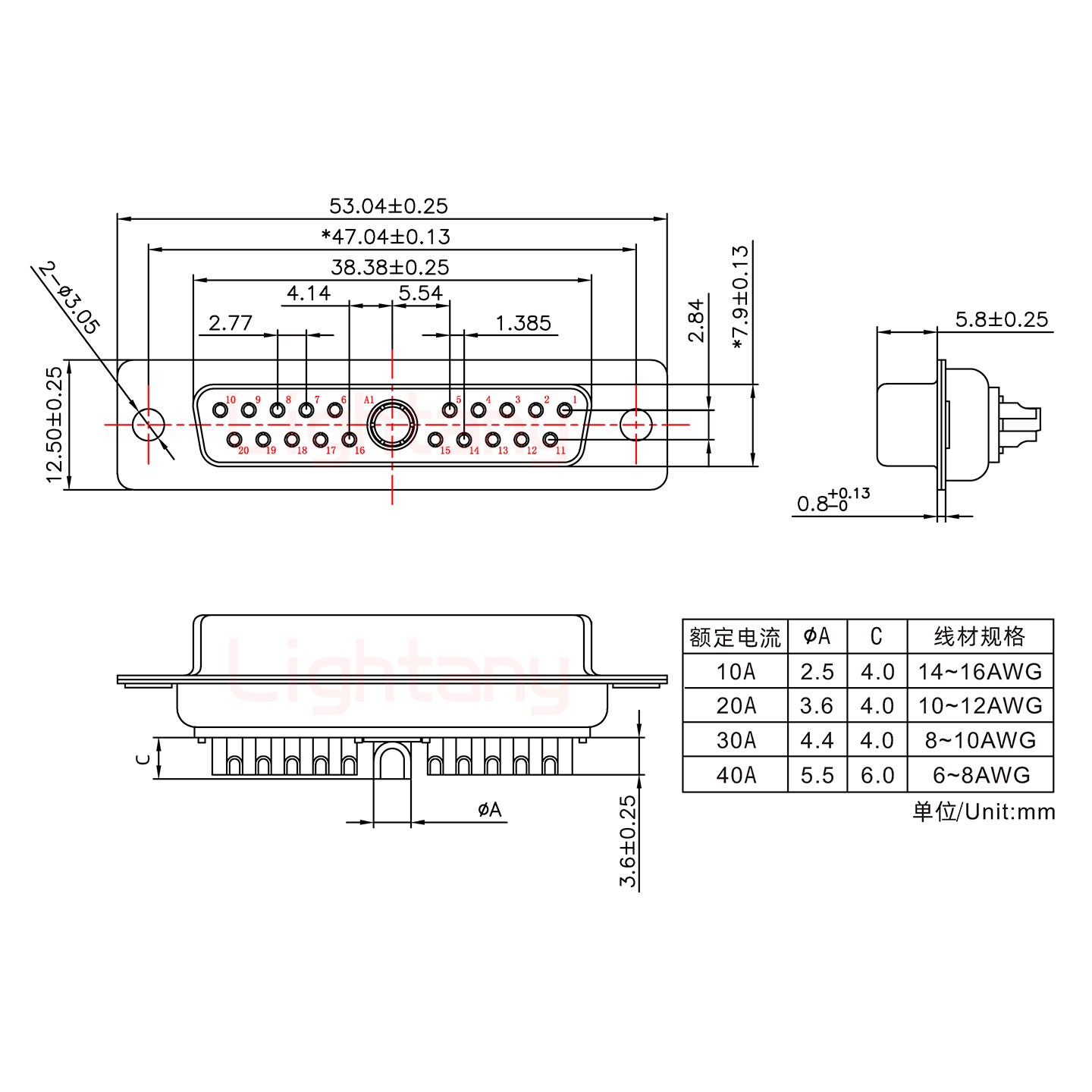 21W1母短体焊线40A+25P金属外壳1015弯出线4~12mm