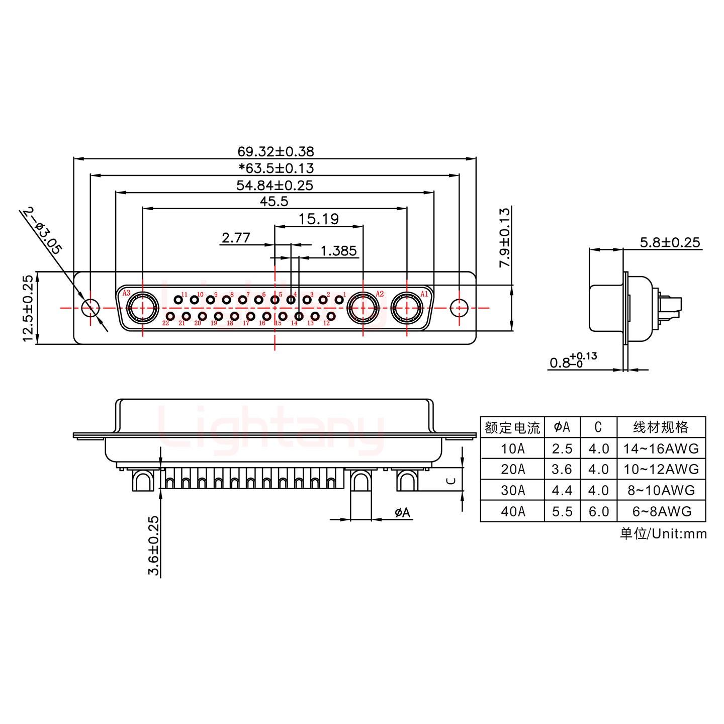 25W3母短体焊线/配螺丝螺母/大电流10A