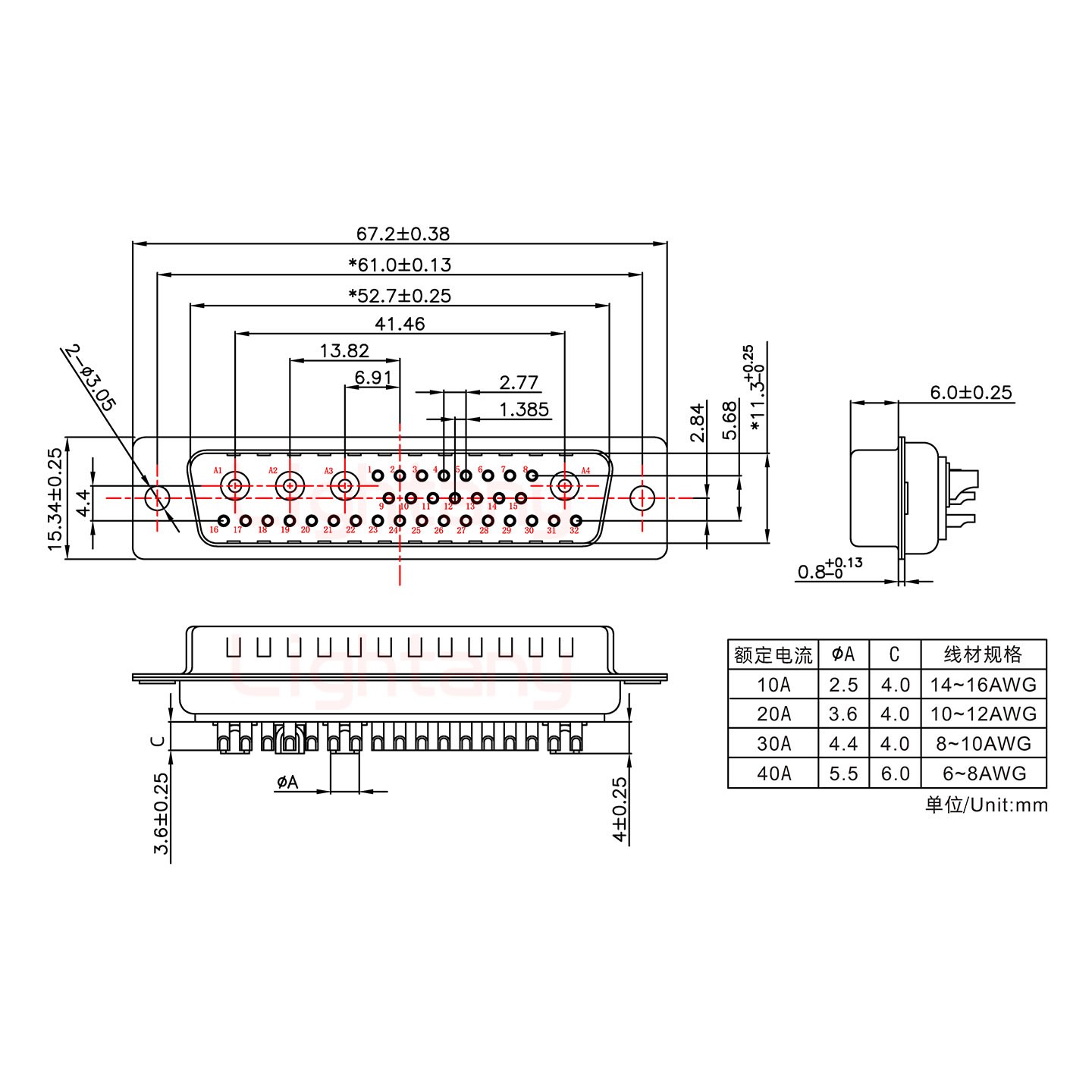 36W4公短体焊线40A+50P金属外壳1331直出线12.5mm