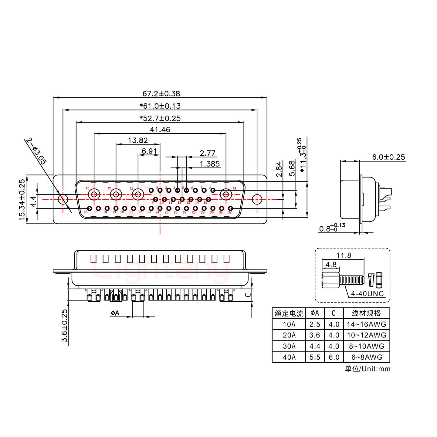 36W4公短体焊线/配螺丝螺母/大电流20A