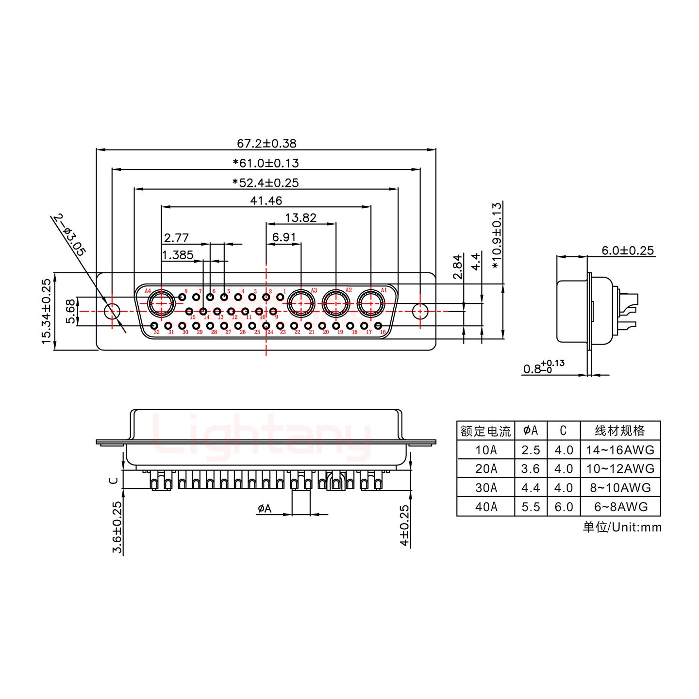 36W4母短体焊线30A+50P金属外壳1331直出线12.5mm