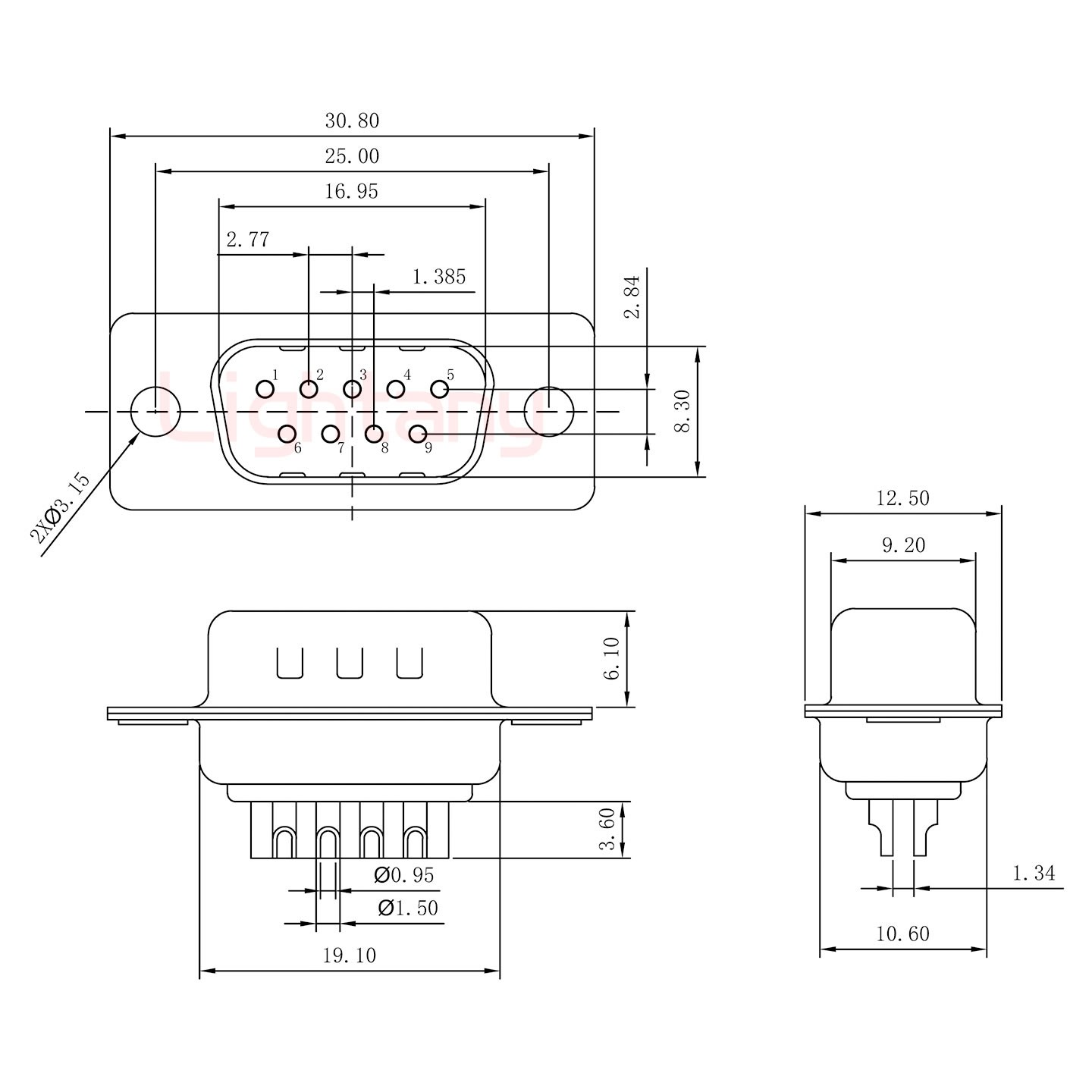 DB9公焊线+金属外壳1392斜出线4~12mm