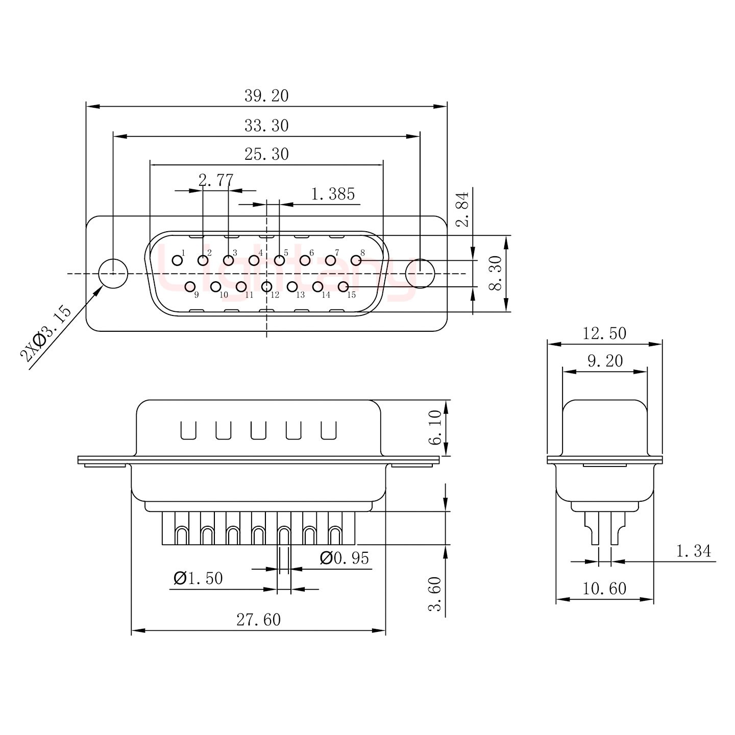 DB15公焊线+金属外壳1679斜出线4~12mm