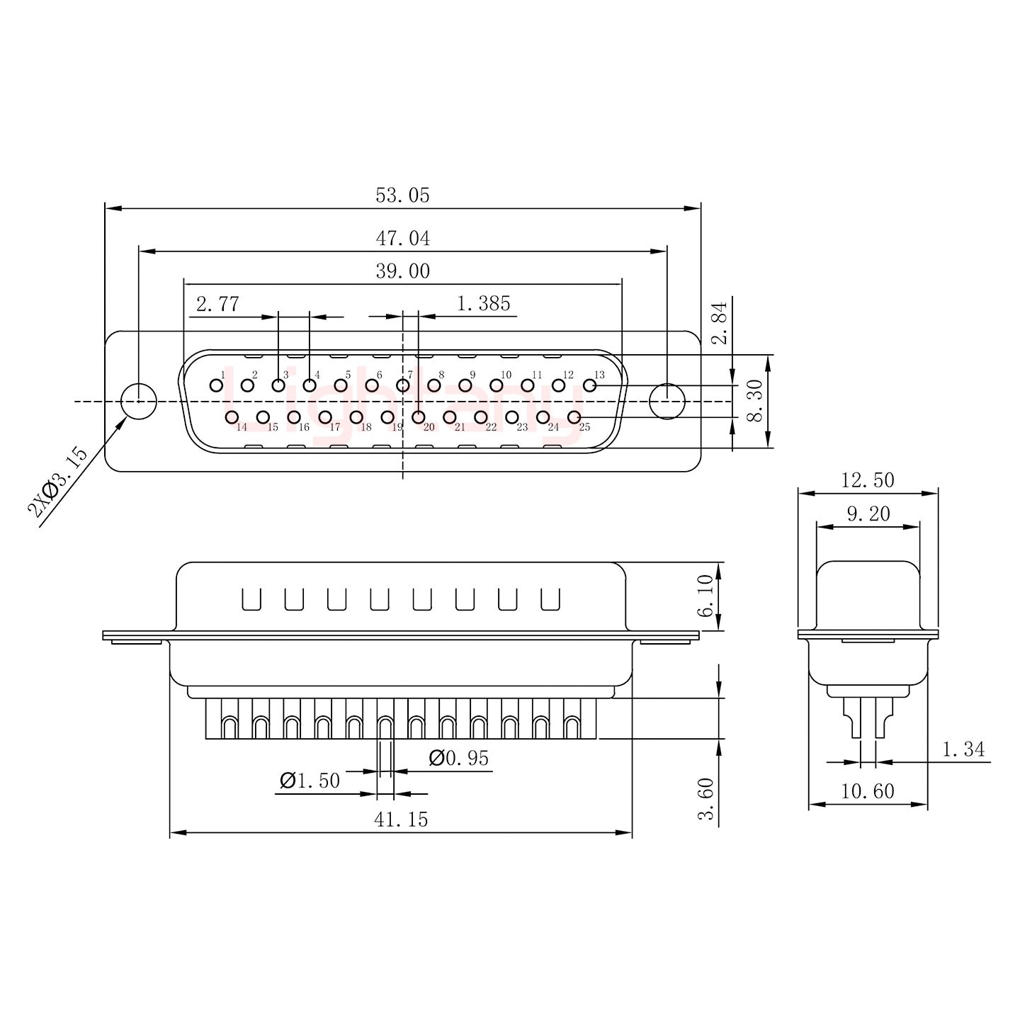 DB25公焊线+金属外壳592斜出线4~12mm