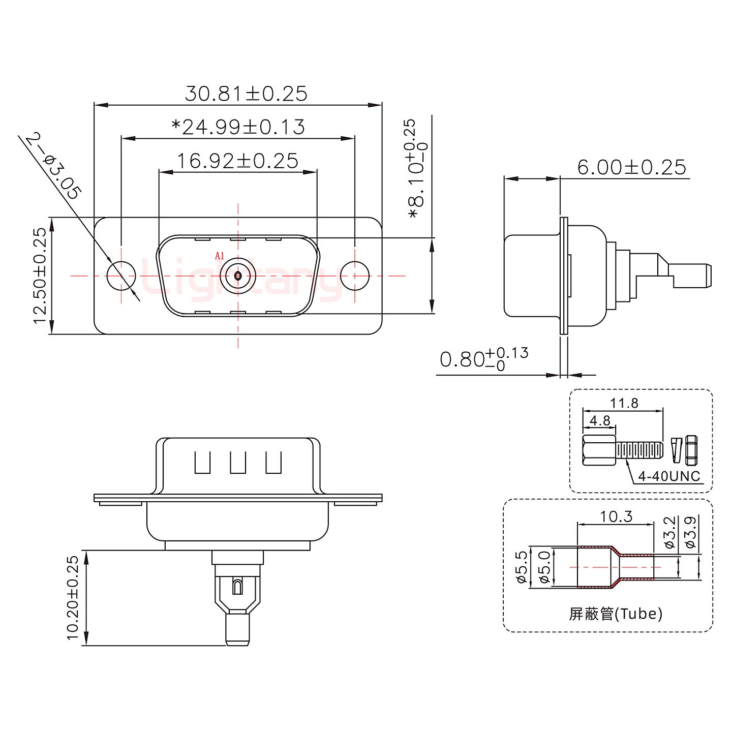 1W1公焊线式75欧姆+9P金属外壳424弯出线4~12mm