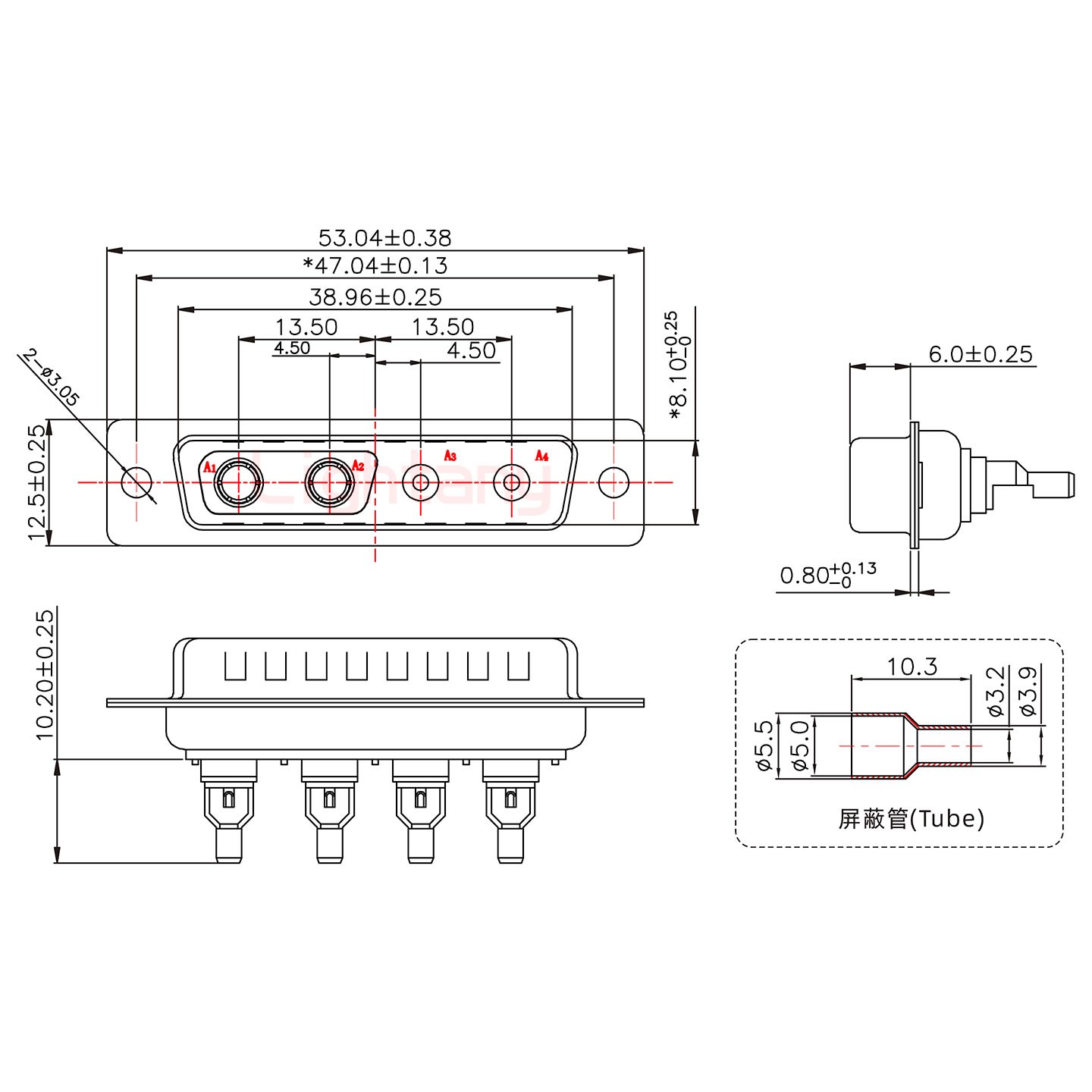 4V4公焊线式75欧姆+25P金属外壳1015弯出线4~12mm