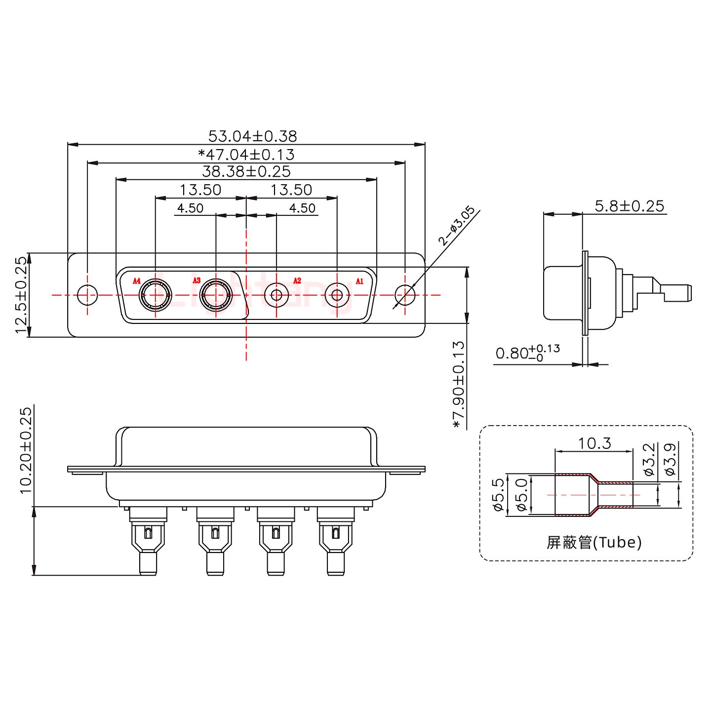 4V4母焊线式75欧姆+25P金属外壳1015弯出线4~12mm