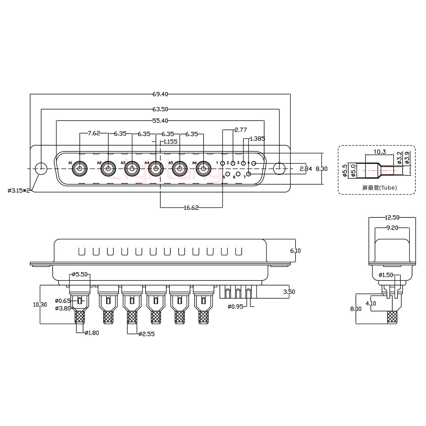 13W6B公焊线式75欧姆+37P金属外壳967斜出线4~12mm