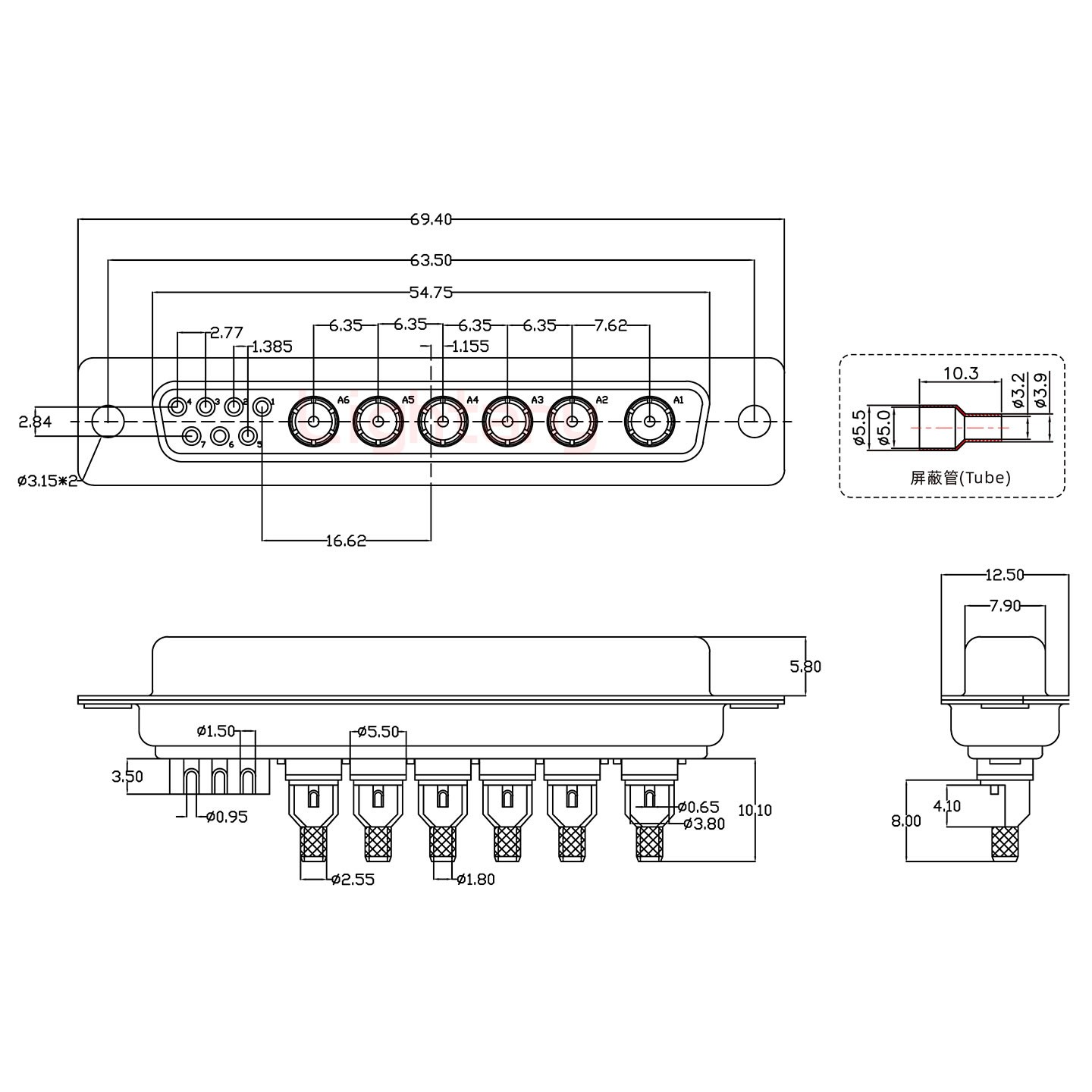 13W6B母焊线式75欧姆+37P金属外壳967斜出线4~12mm