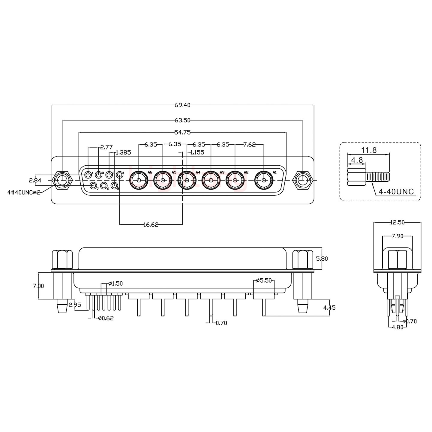 13W6B母PCB直插板/铆鱼叉7.0/射频同轴75欧姆