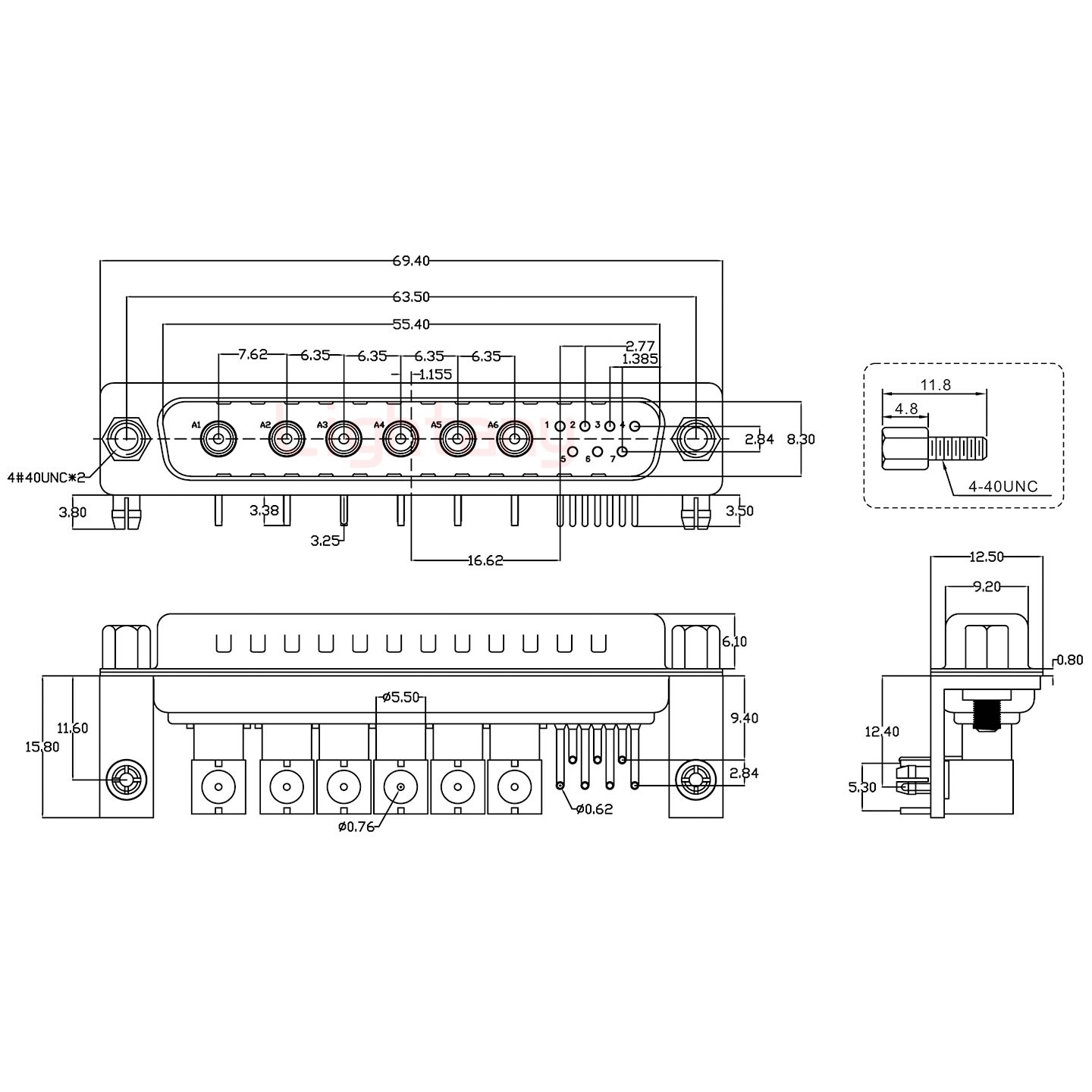 13W6B公PCB弯插板/铆支架11.6/射频同轴75欧姆