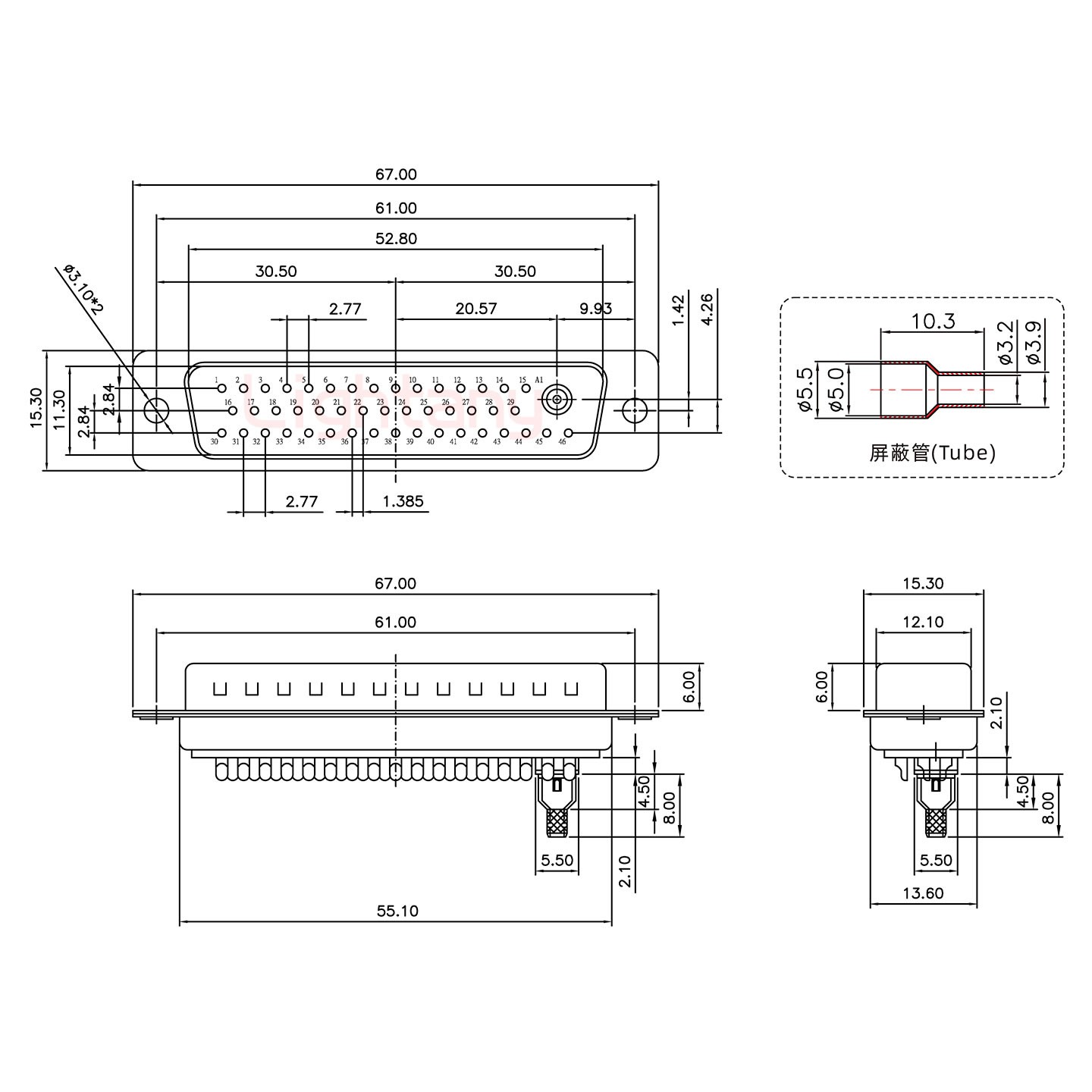 43W2公焊线式75欧姆+50P金属外壳1746斜出线4~12mm