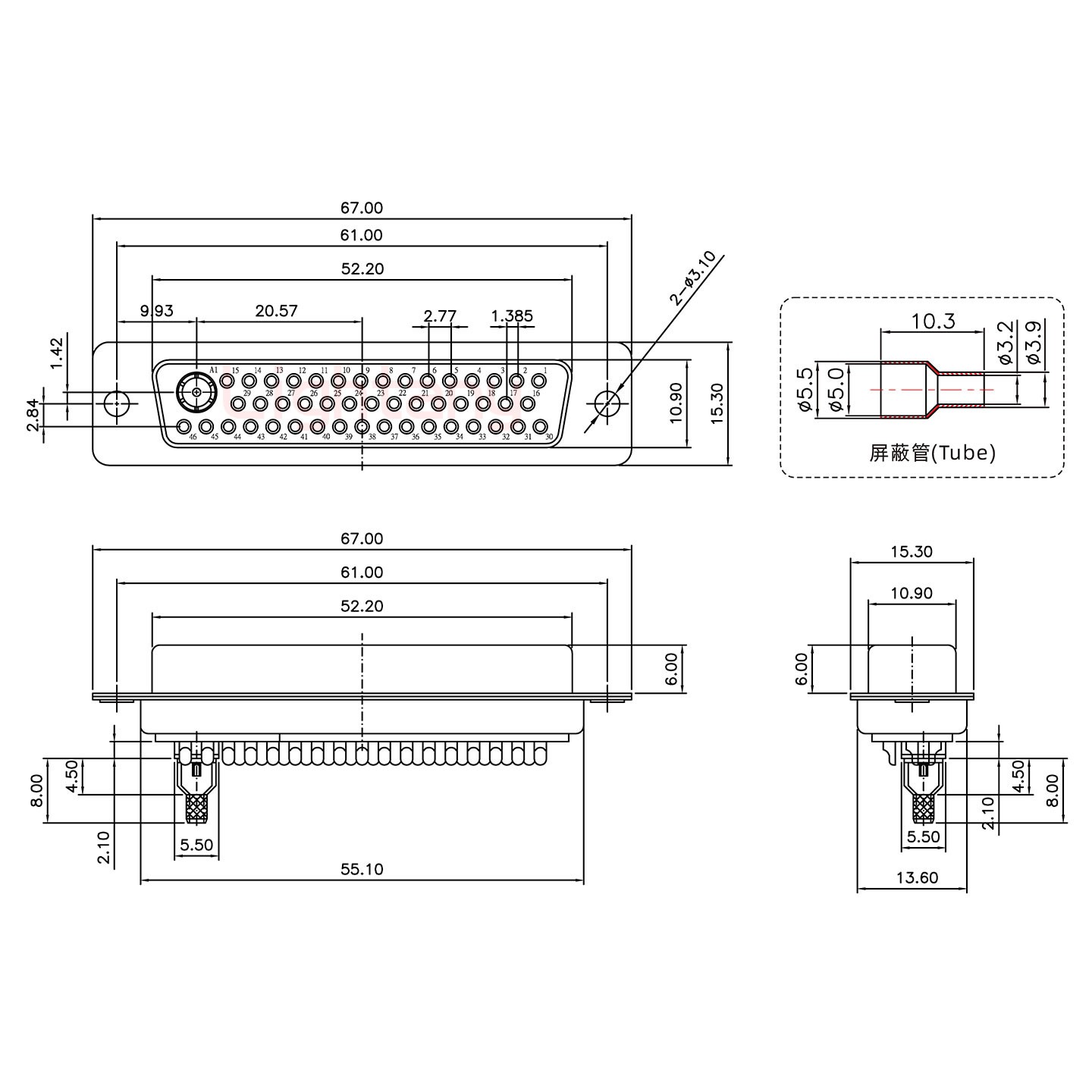 43W2母焊线式50欧姆+50P金属外壳2252三个出线孔12mm