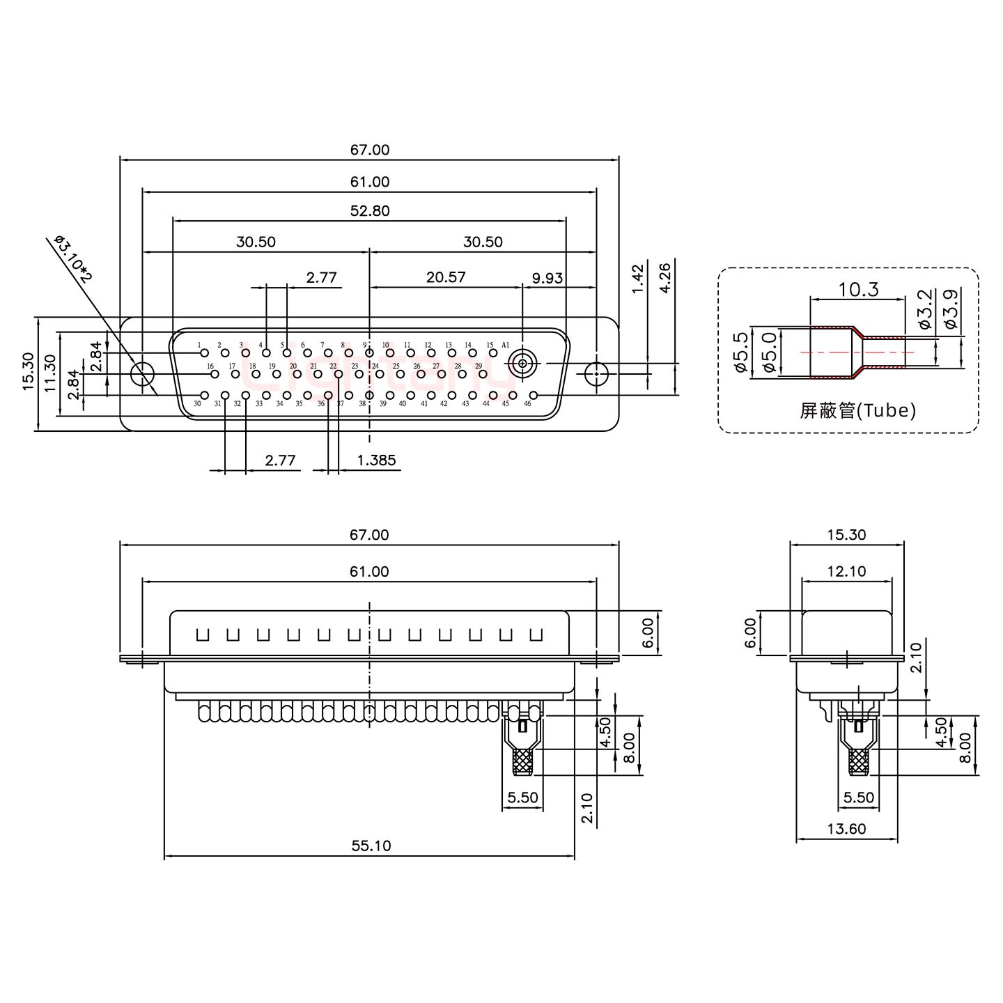 47W1公焊线式50欧姆+50P金属外壳1745弯出线4~12mm