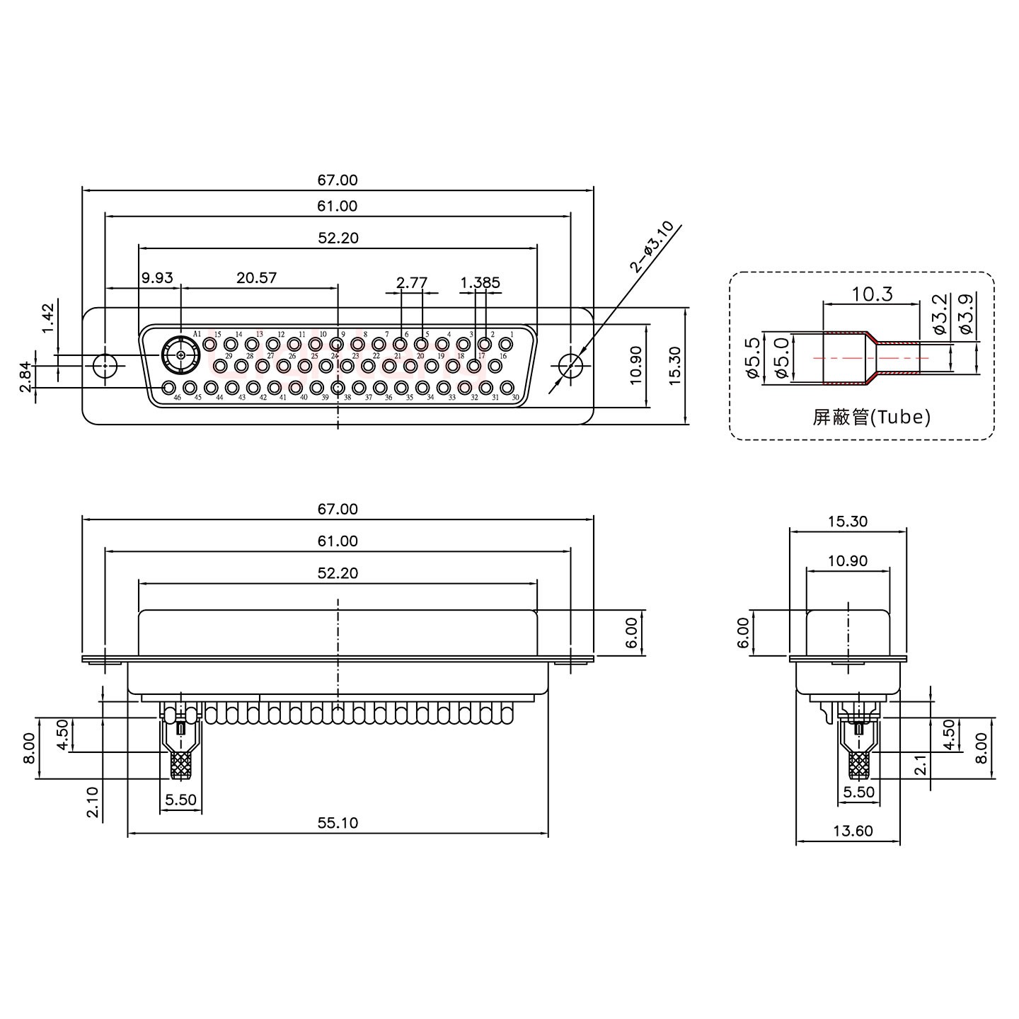 47W1母焊线式50欧姆+50P金属外壳2252三个出线孔12mm