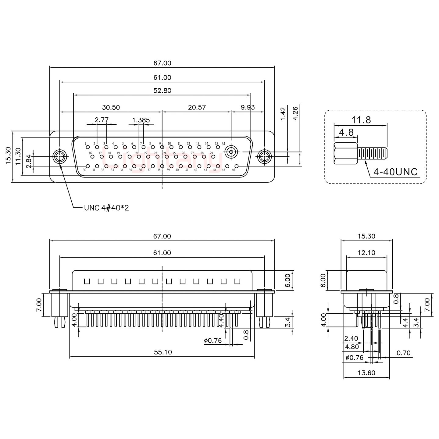 47W1公PCB直插板/铆鱼叉7.0/射频同轴50欧姆