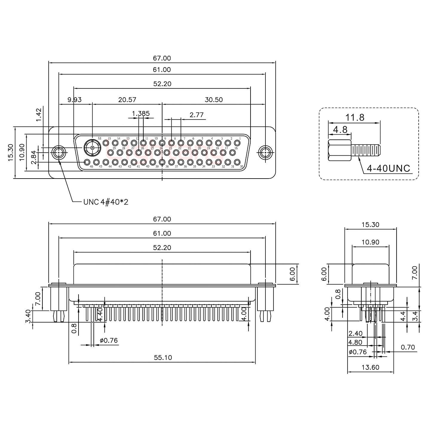 47W1母PCB直插板/铆鱼叉7.0/射频同轴75欧姆