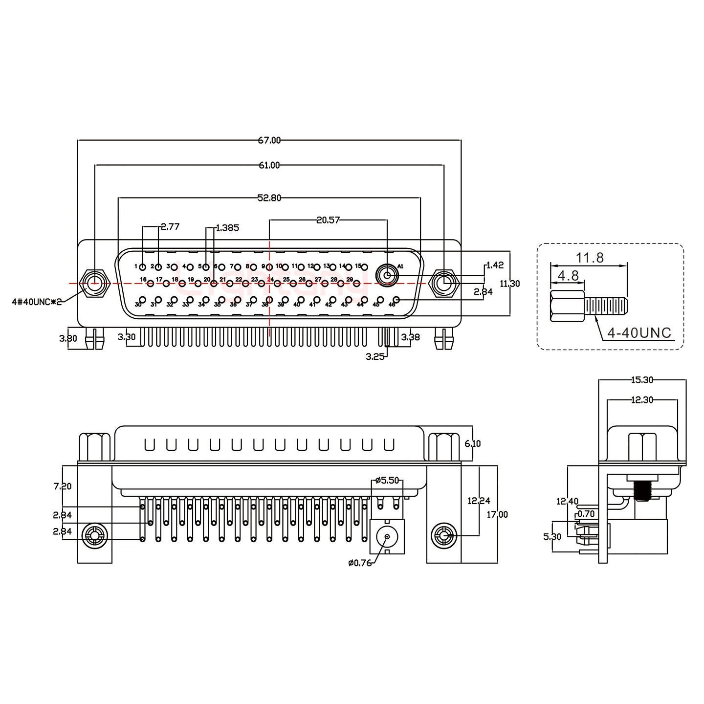 47W1公PCB弯插板/铆支架12.2/射频同轴75欧姆