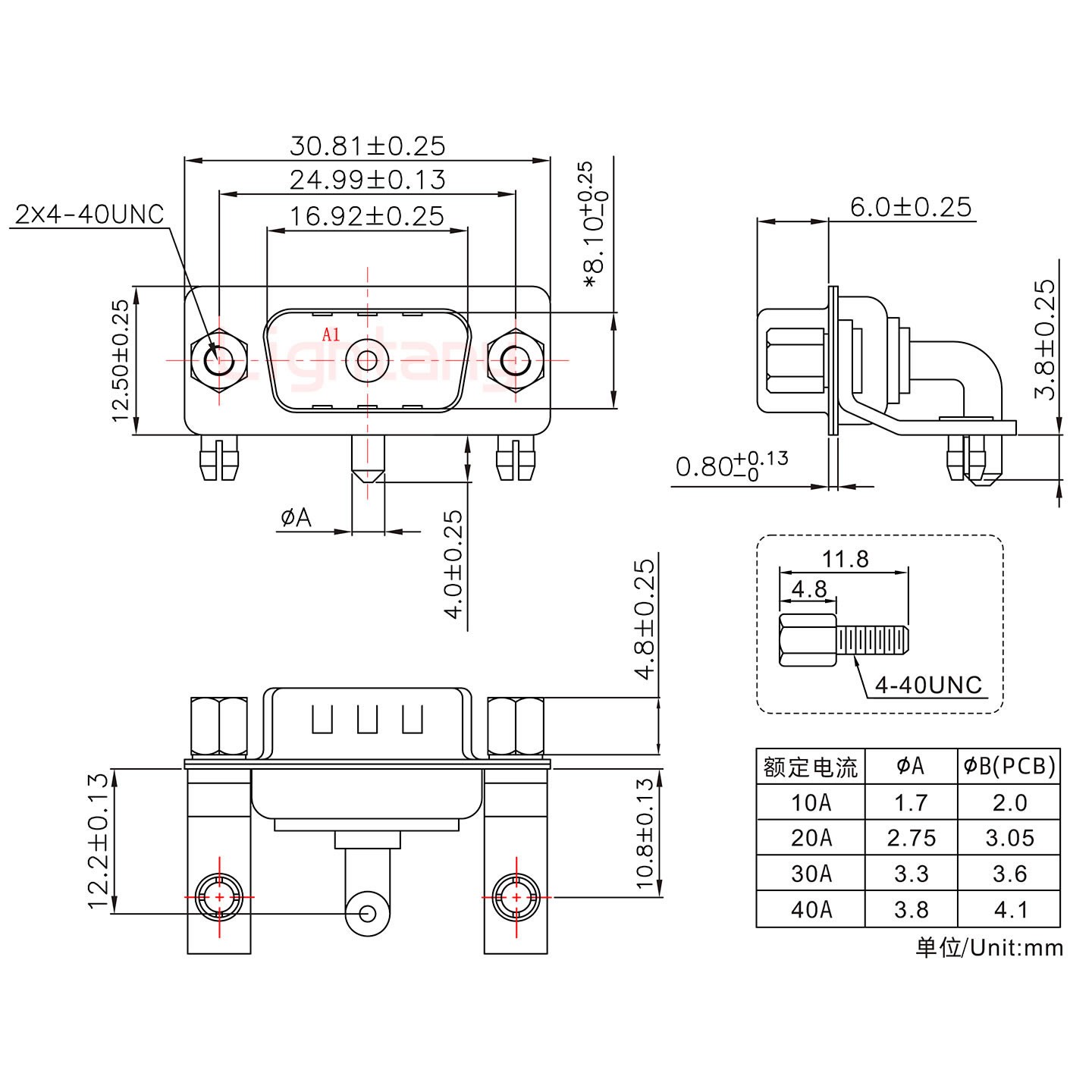 1W1公PCB弯插板/铆支架10.8/大电流10A