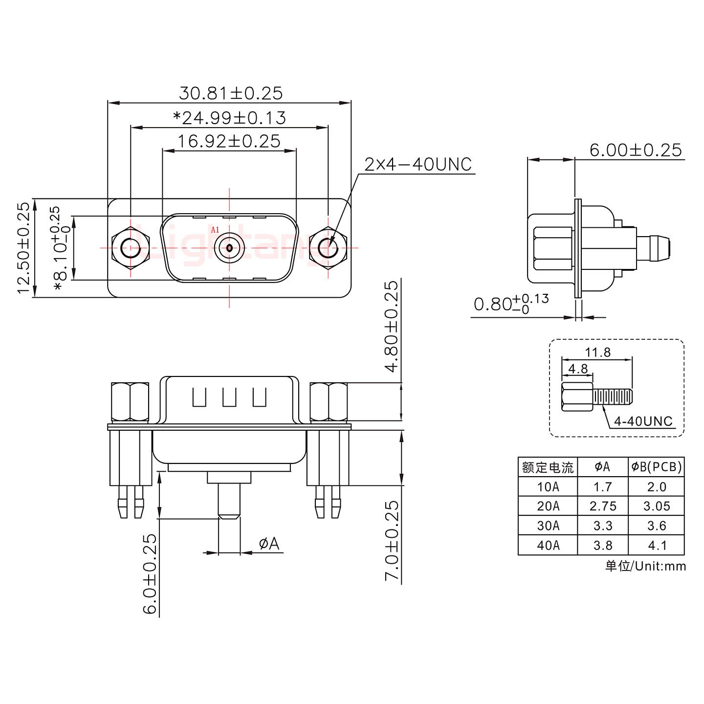 1W1公PCB直插板/铆支架7.0/大电流30A