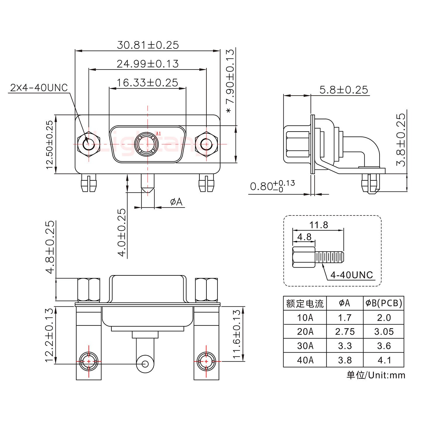 1W1母PCB弯插板/铆支架11.6/大电流40A