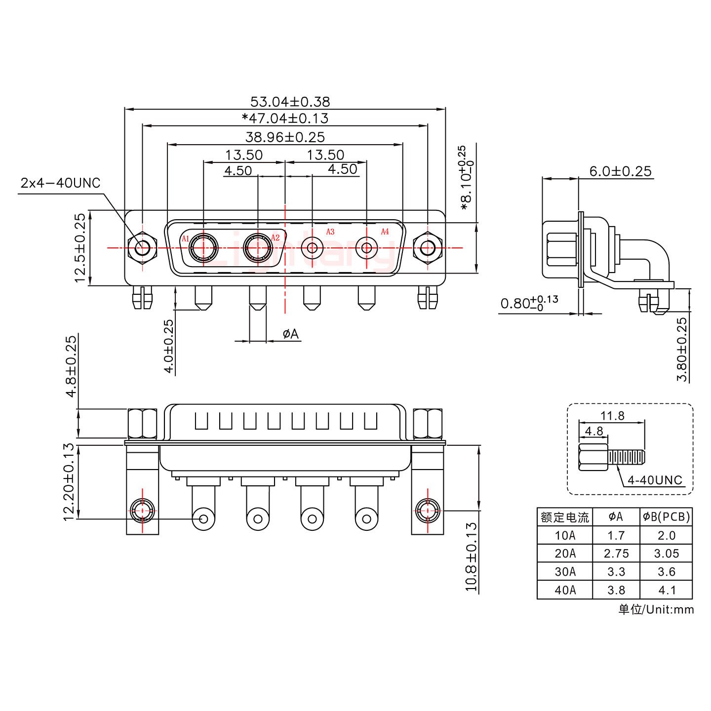 4V4公PCB弯插板/铆支架10.8/大电流10A