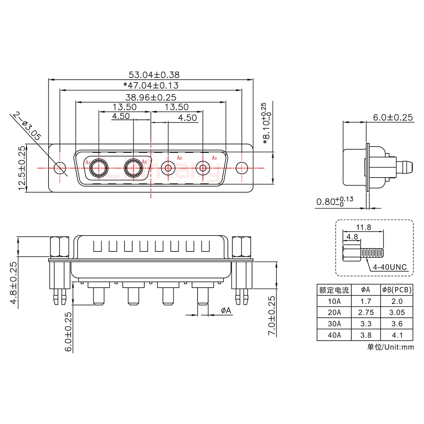 4V4公PCB直插板/铆支架7.0/大电流40A