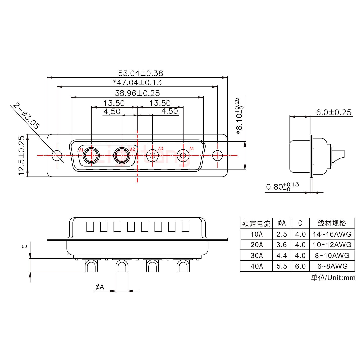 4V4公短体焊线40A+25P金属外壳1015弯出线4~12mm